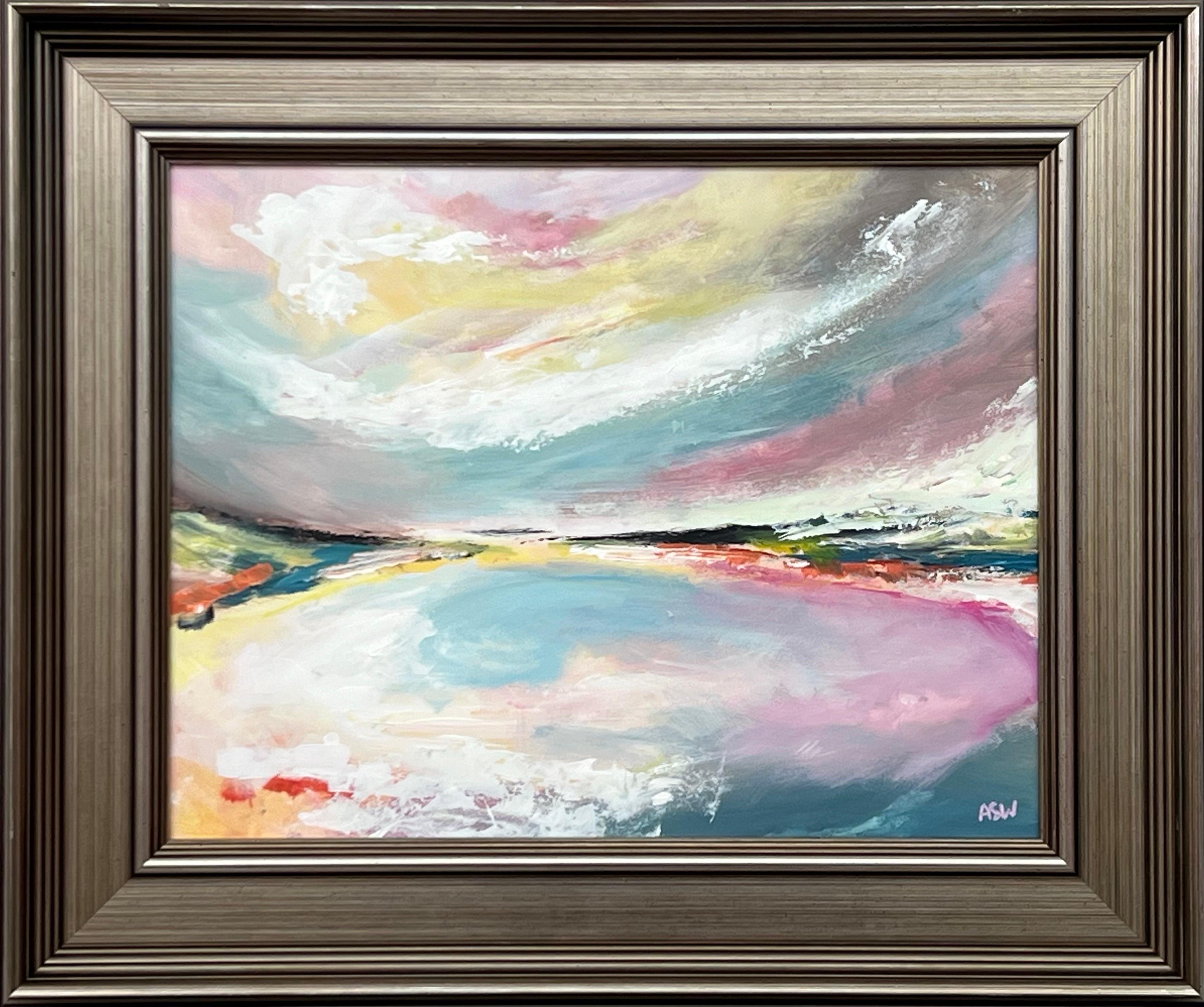 Angela Wakefield Abstract Painting - Abstract Landscape Seascape Art with Pink Blue & White Sky by British Artist