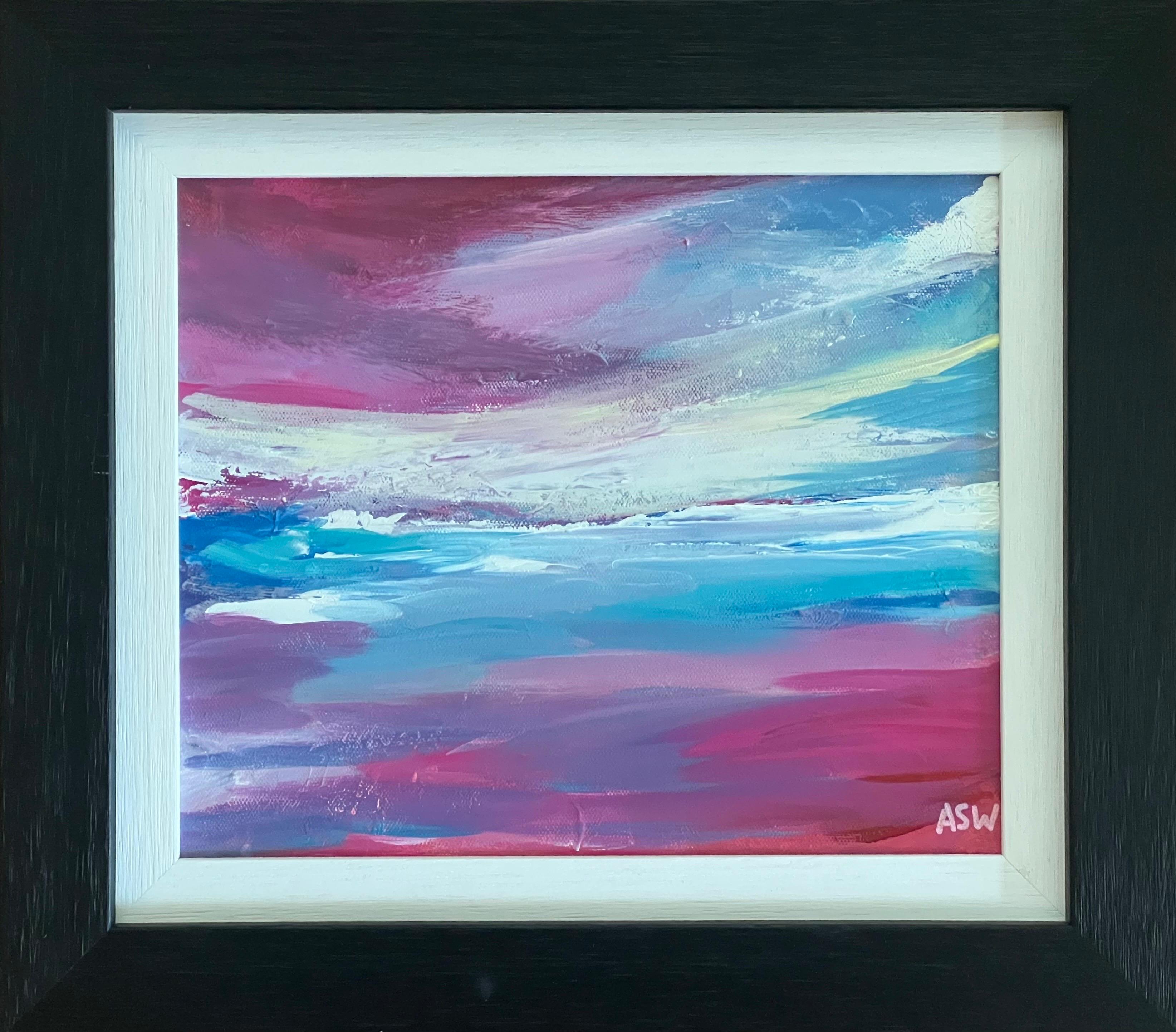Peinture abstraite de paysage marin avec ciel rose et bleu par un artiste britannique - Impressionnisme abstrait Painting par Angela Wakefield