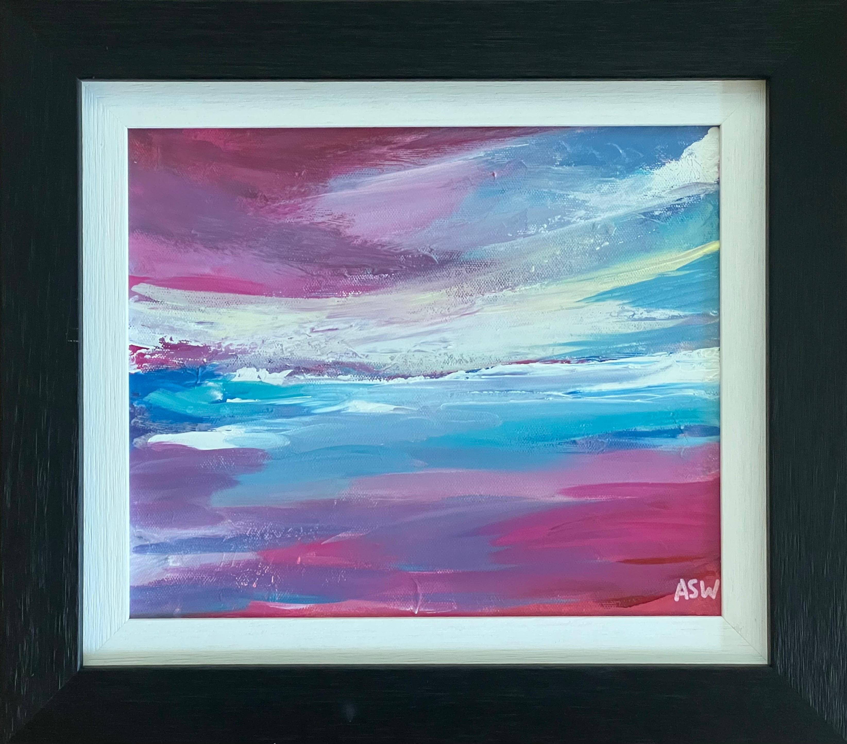 Angela Wakefield Landscape Painting - Abstract Landscape Seascape Painting with Pink & Blue Sky by British Artist