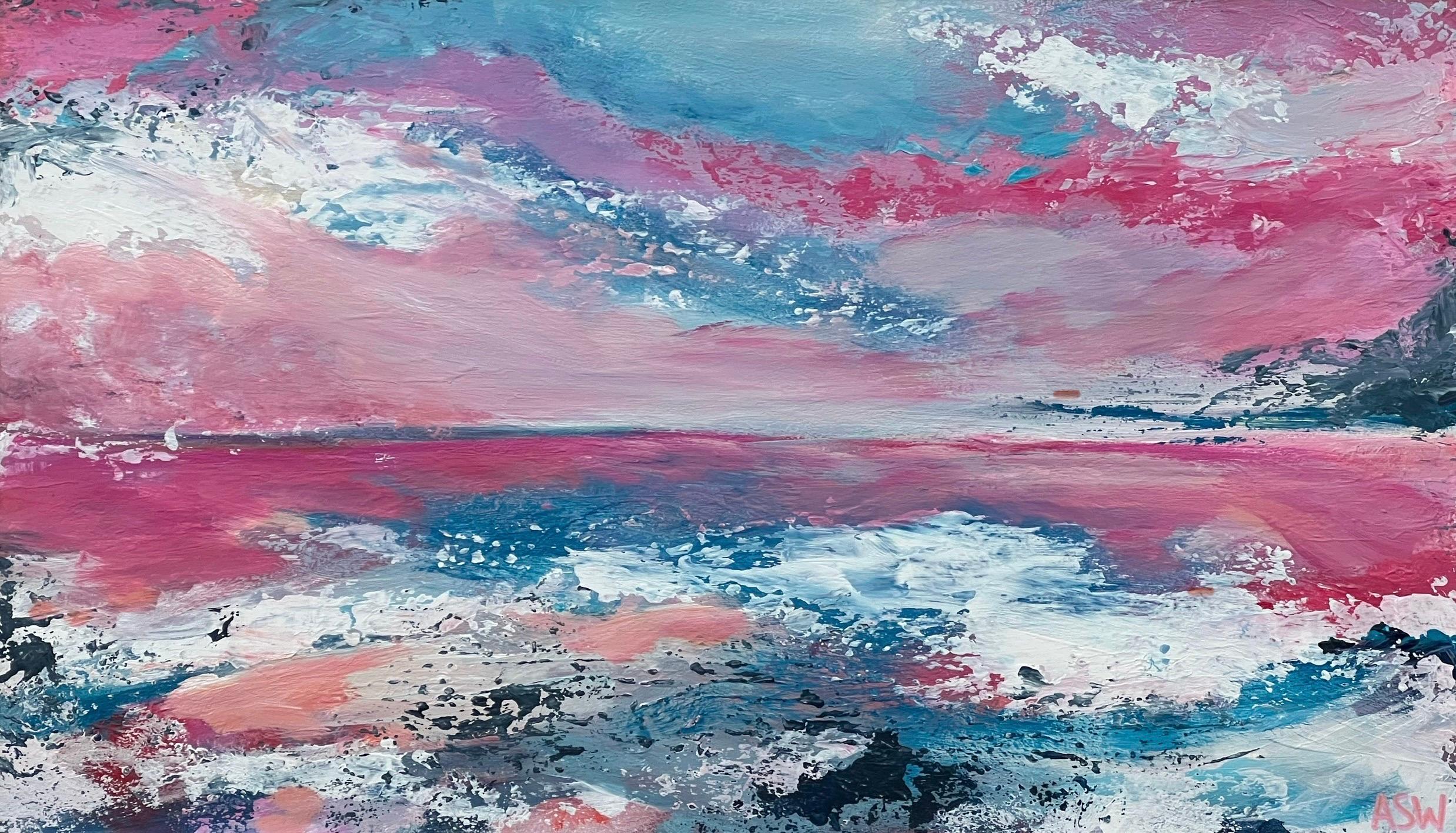 Abstrakte Landschaft, Meereslandschaft, Gemälde mit rosa und blauem Himmel des britischen Künstlers im Angebot 1