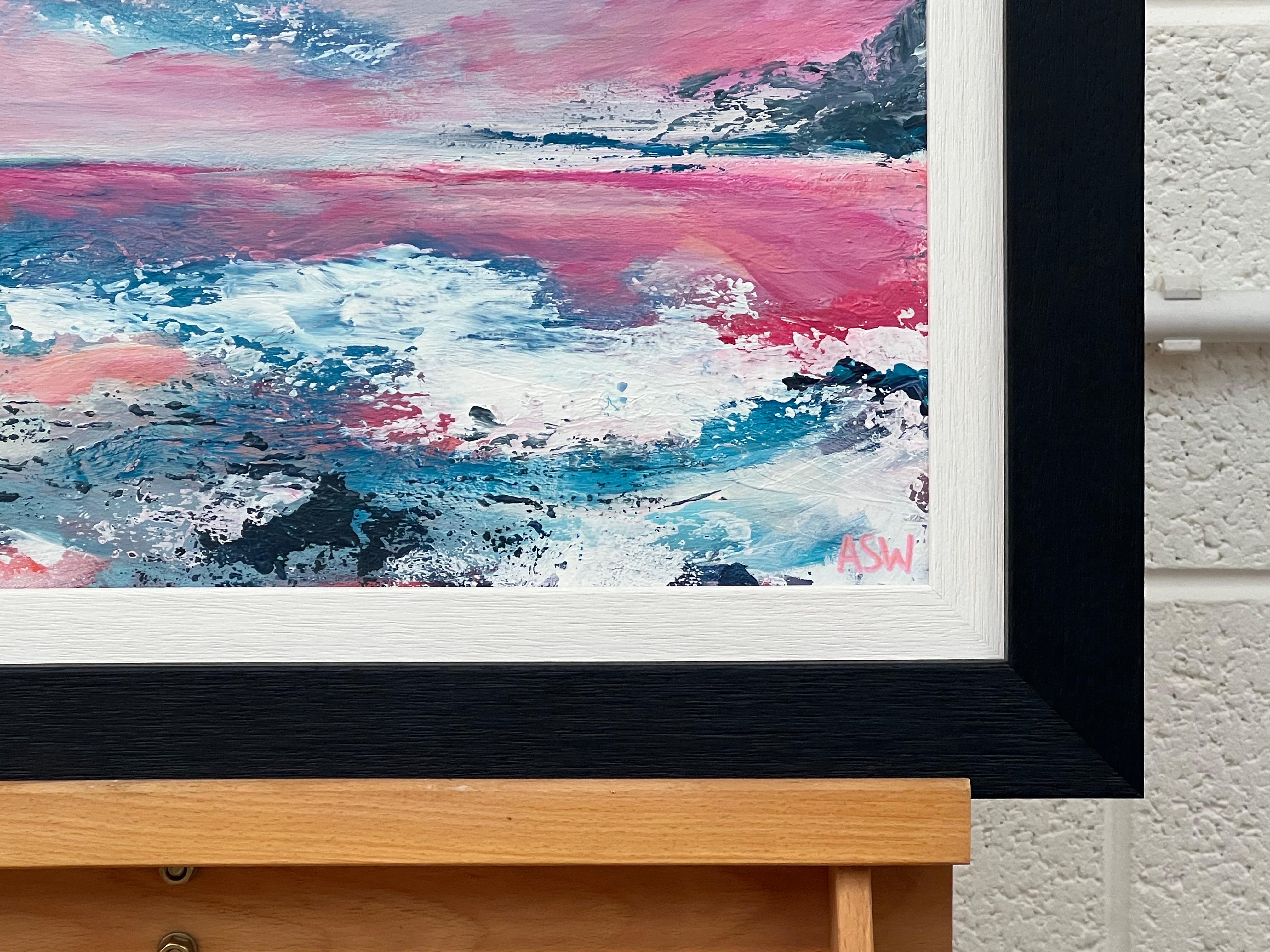 Peinture abstraite de paysage marin avec ciel rose et bleu par un artiste britannique en vente 2