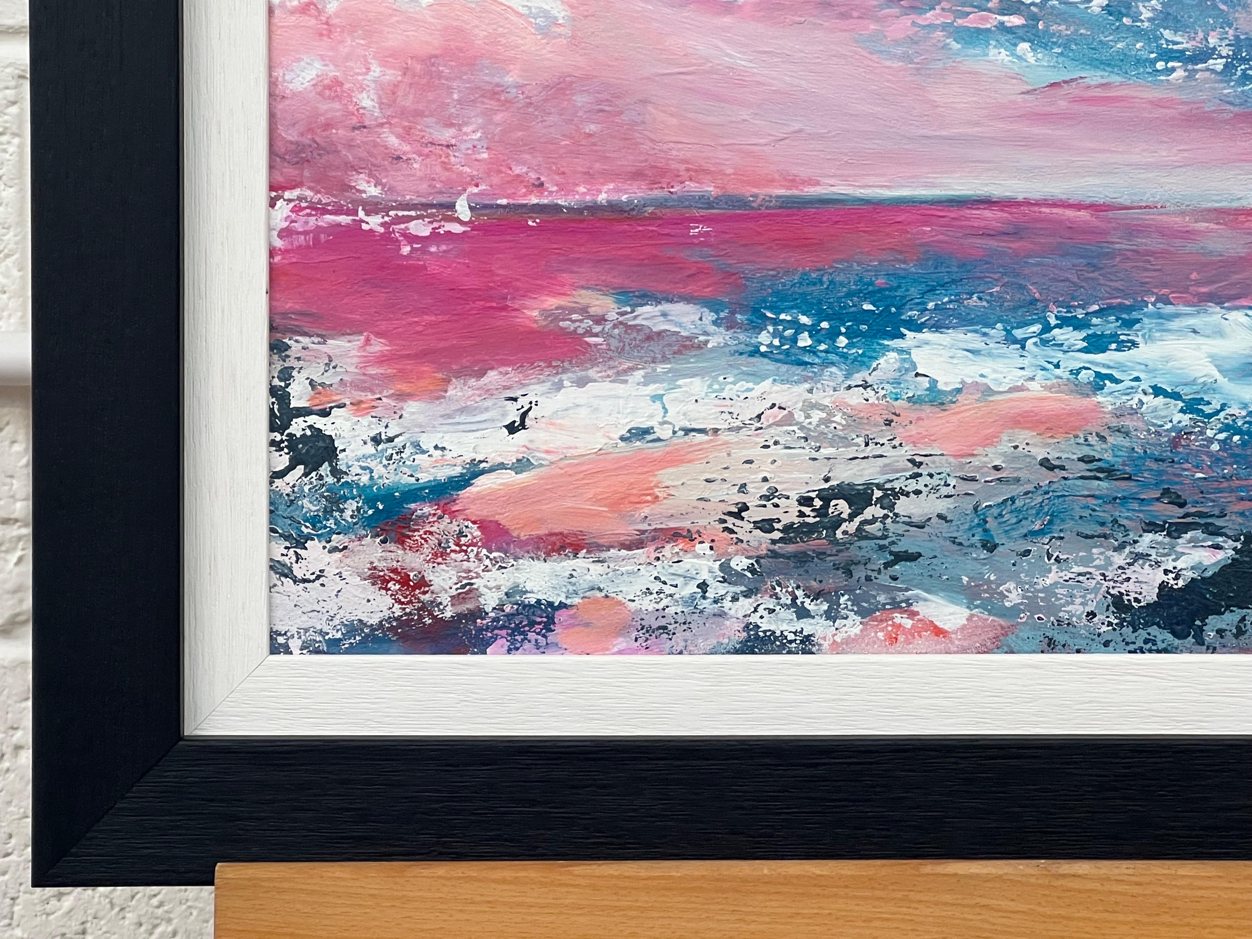 Peinture abstraite de paysage marin avec ciel rose et bleu par un artiste britannique en vente 3