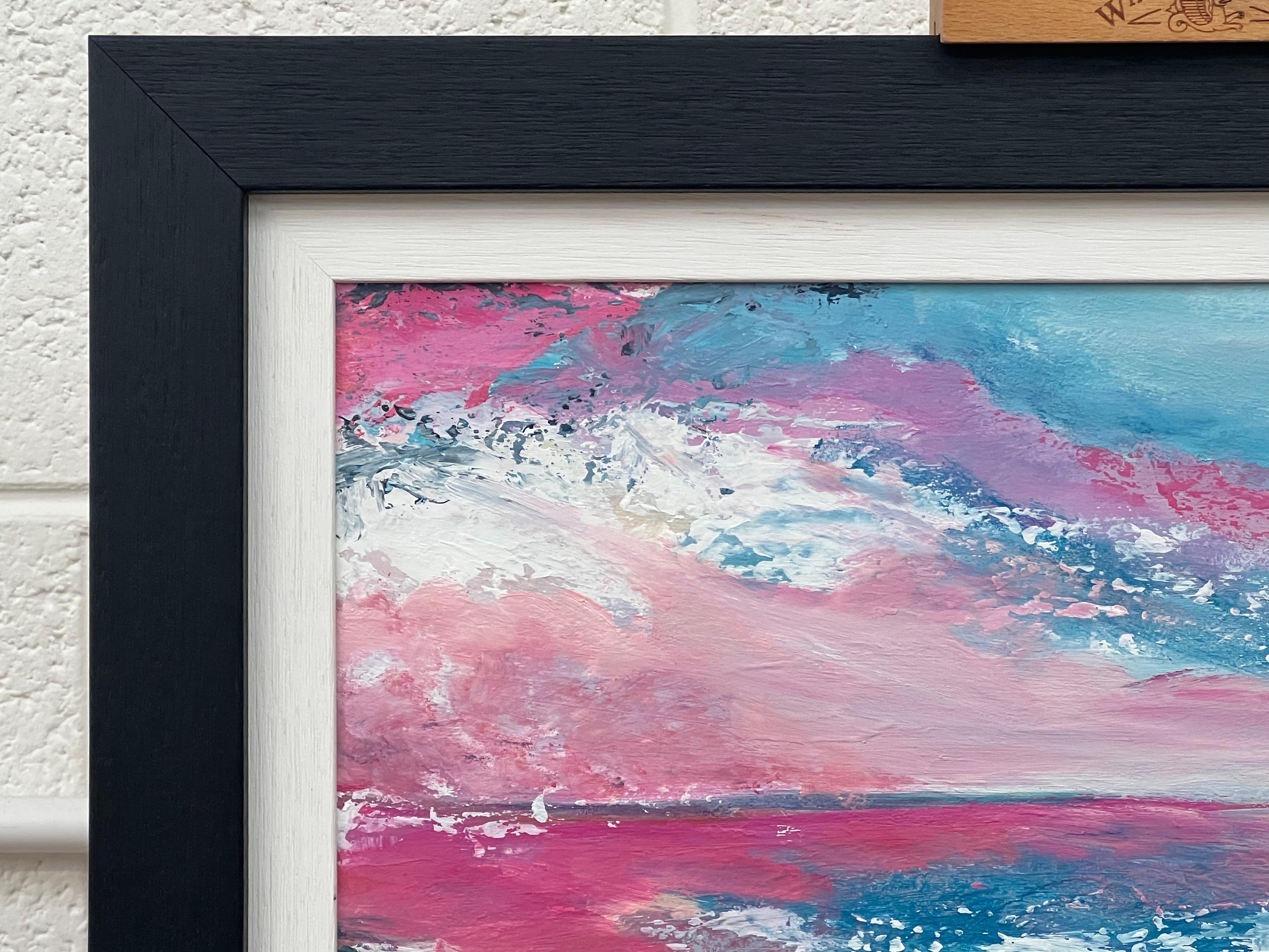 Abstrakte Landschaft, Meereslandschaft, Gemälde mit rosa und blauem Himmel des britischen Künstlers im Angebot 4