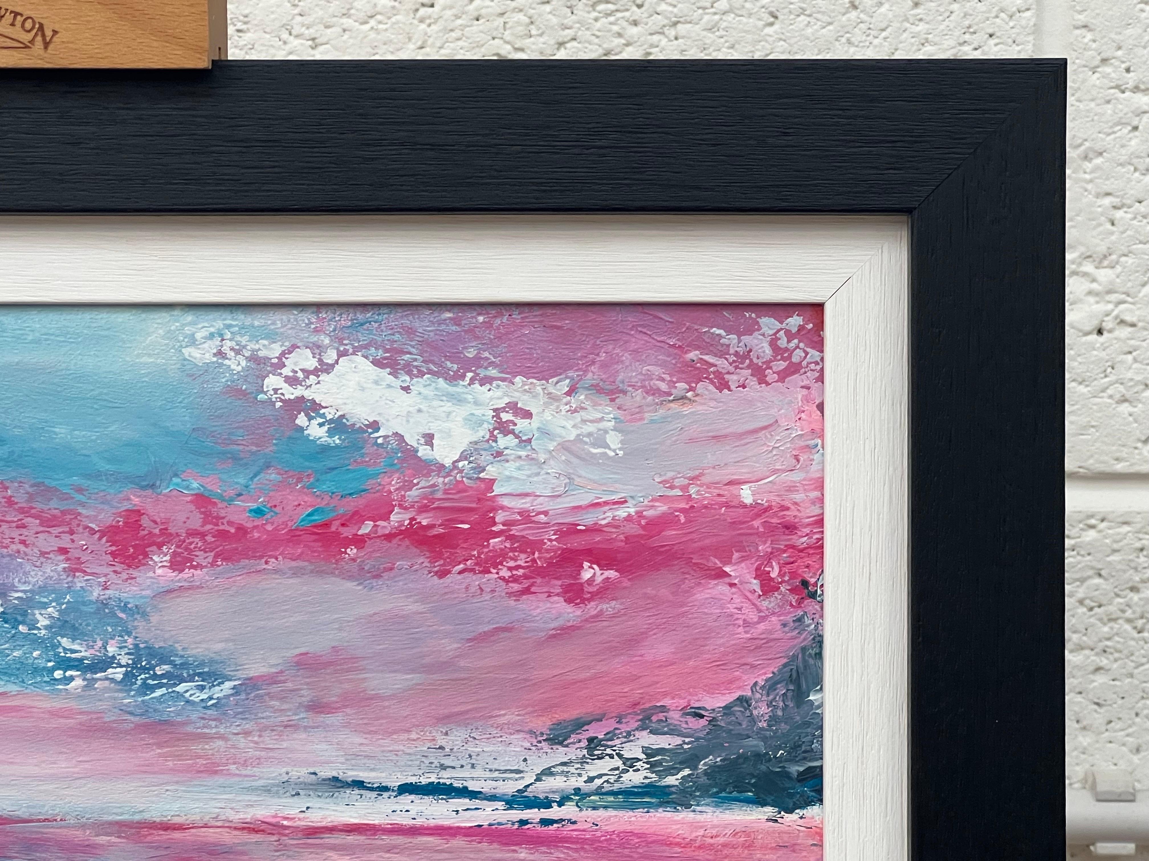 Abstrakte Landschaft, Meereslandschaft, Gemälde mit rosa und blauem Himmel des britischen Künstlers im Angebot 5