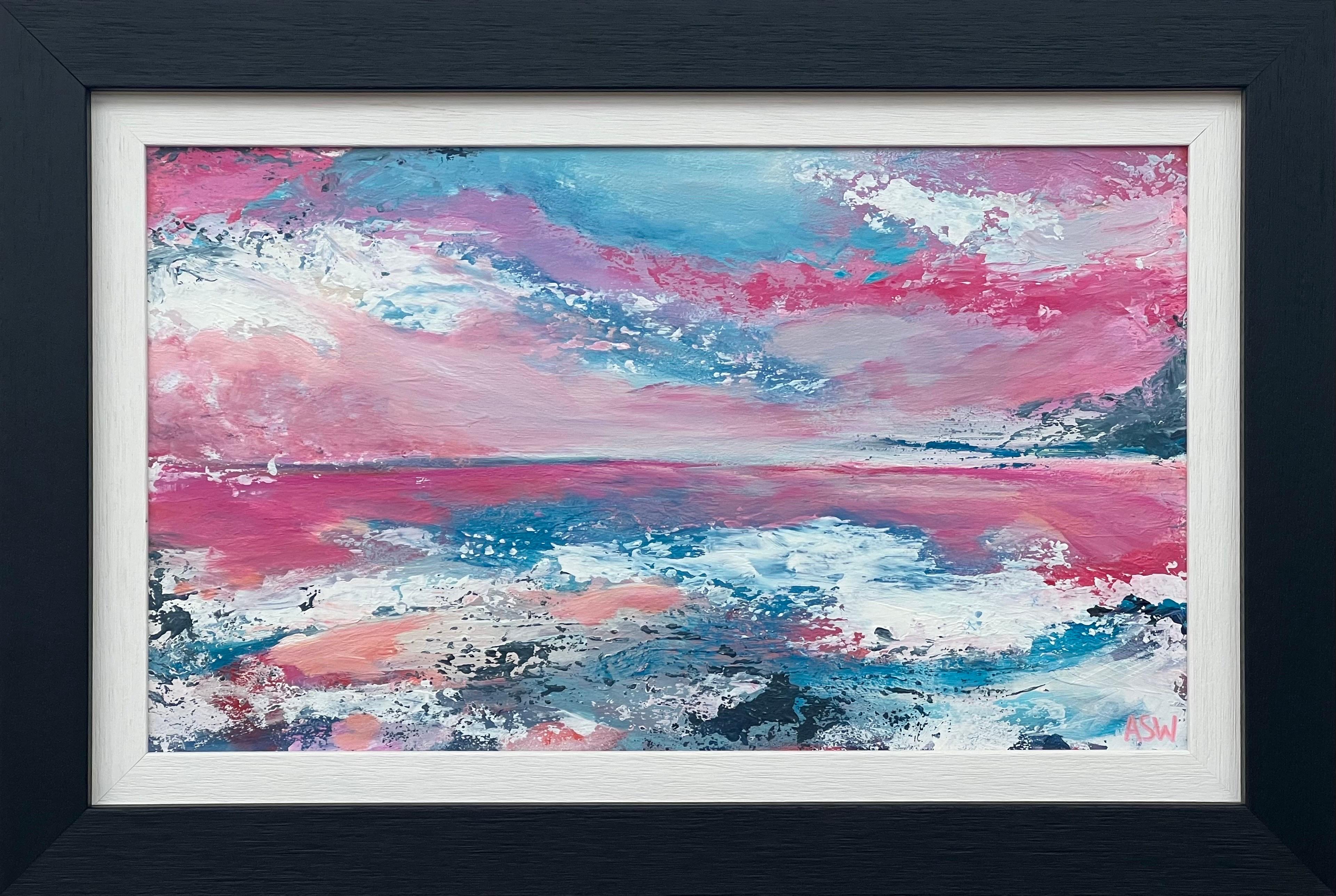 Peinture abstraite de paysage marin avec ciel rose et bleu par un artiste britannique