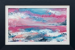 Peinture abstraite de paysage marin avec ciel rose et bleu par un artiste britannique