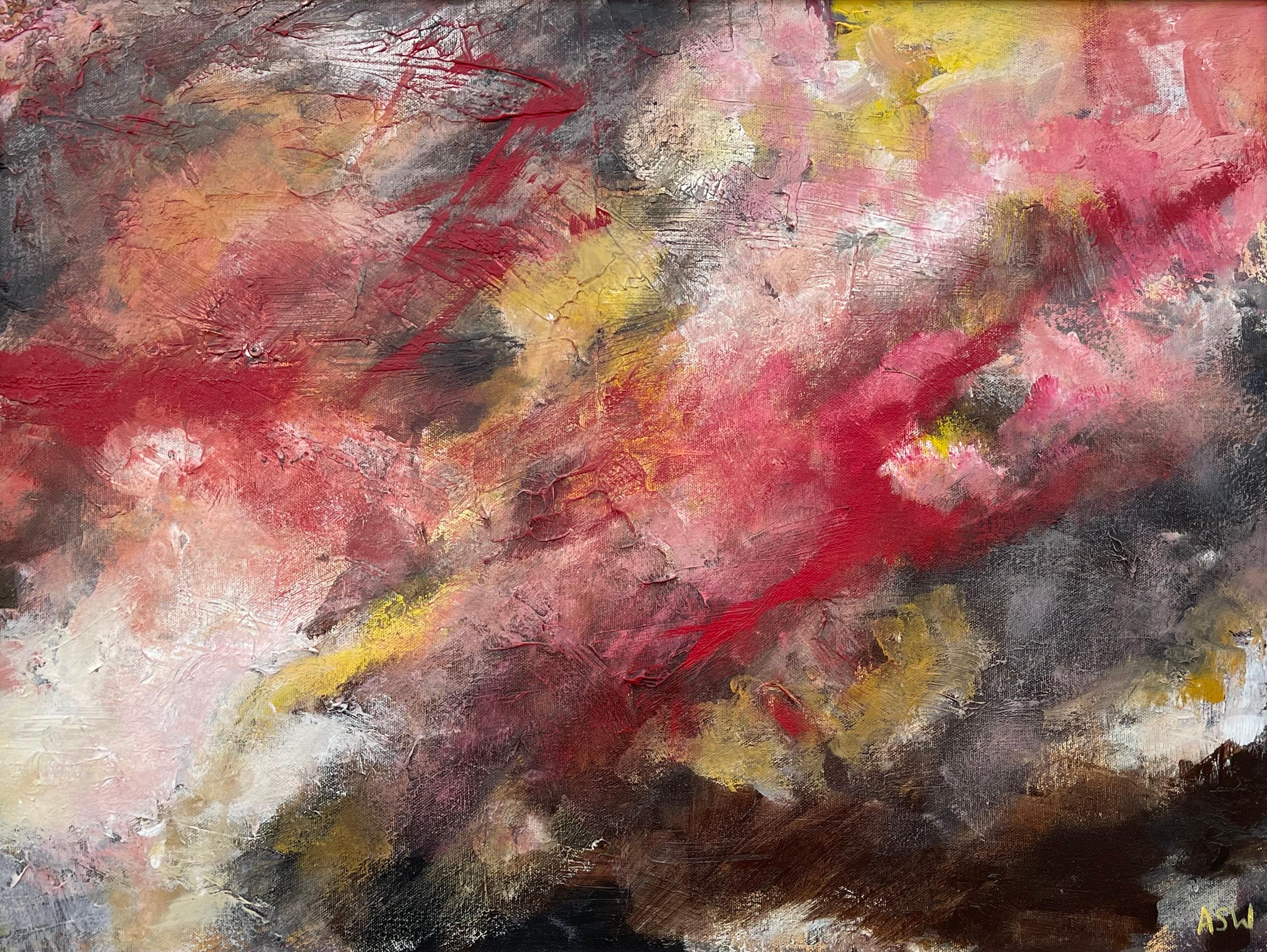 Abstract Landscape using Red, Black and Yellow by Contemporary British Artist For Sale 1