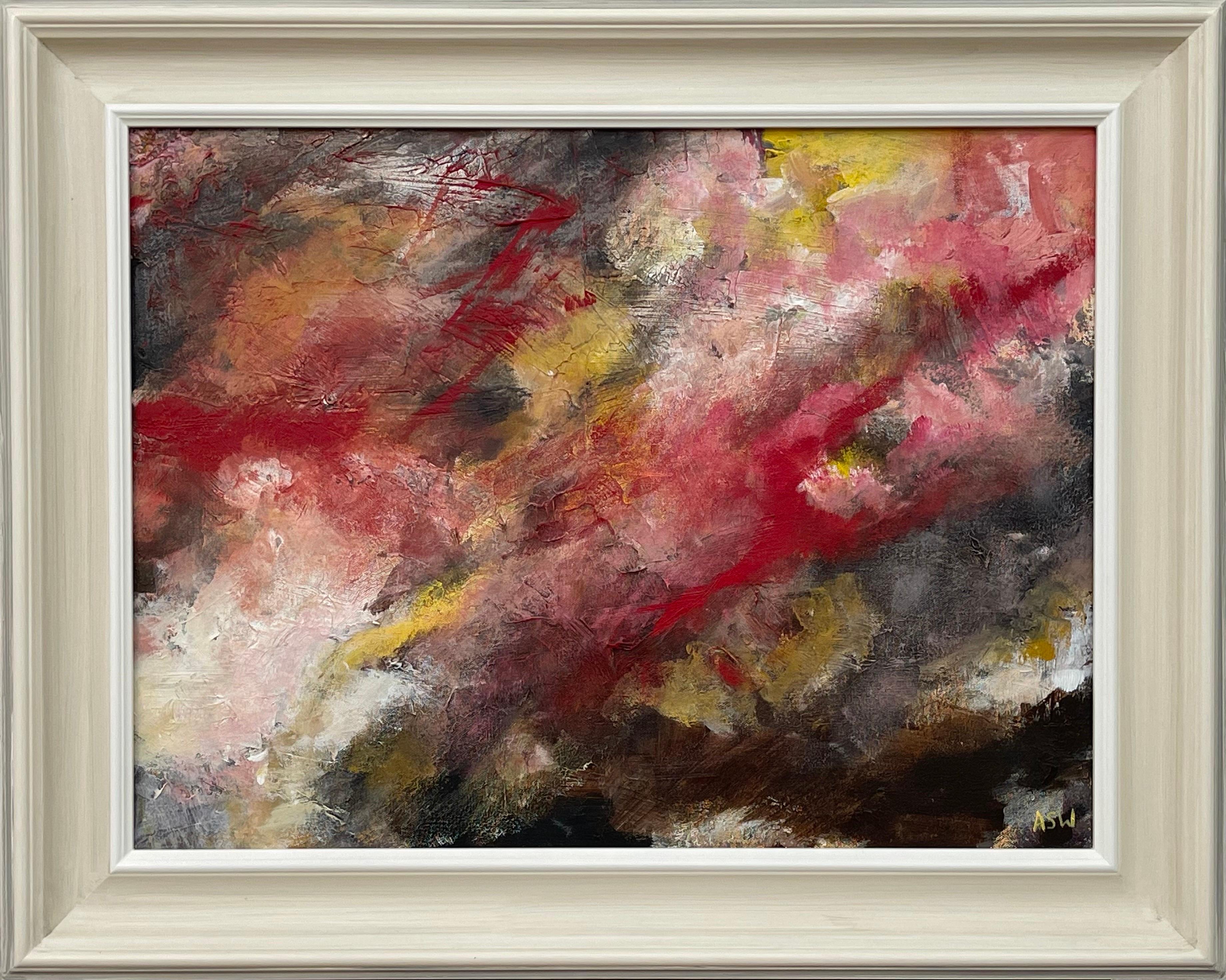 Abstract Painting Angela Wakefield - Paysage abstrait utilisant le rouge, le noir et le jaune d'un artiste britannique contemporain