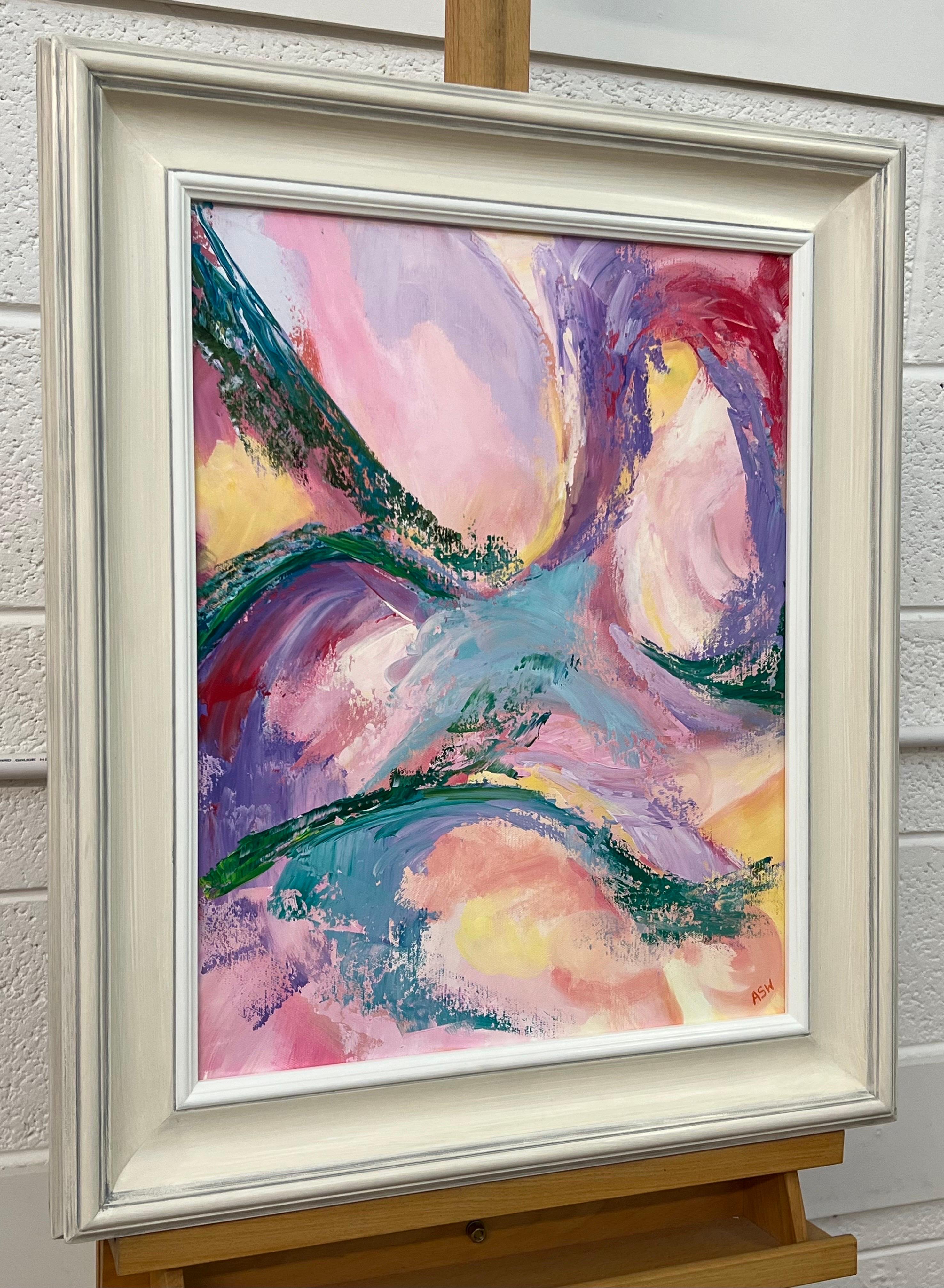 Abstract Lilac Turquoise Red Pink & Green Canvas Art by British Contemporary Artist, Angela Wakefield. This original is from the 'Spring Burst' Interior Design Series. Framed in a high quality off-white shabby chic contemporary wooden moulding.

Art