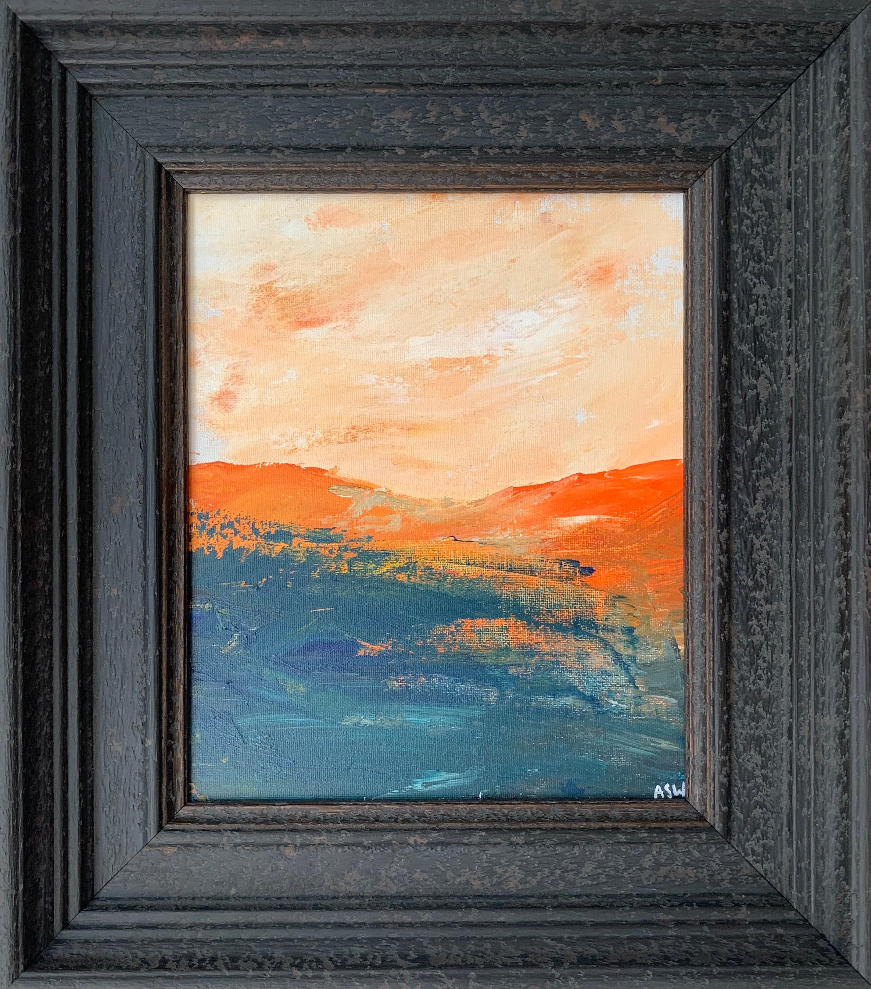 Angela Wakefield Landscape Painting - Abstract Orange & Black Mountain Landscape Study by Contemporary British Artist