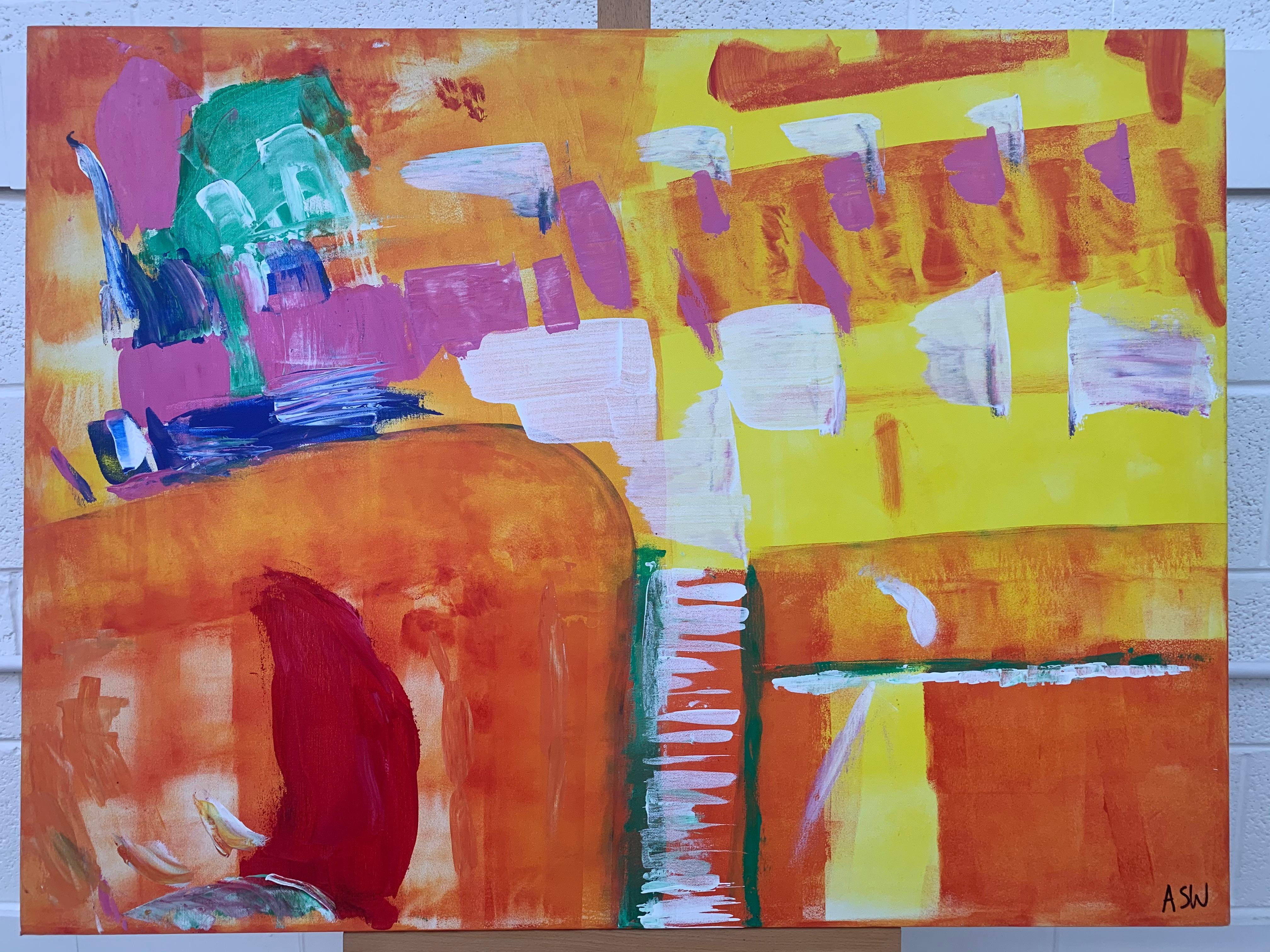 Abstract Painting with Yellow Orange Red & Pink by Contemporary British Artist For Sale 3