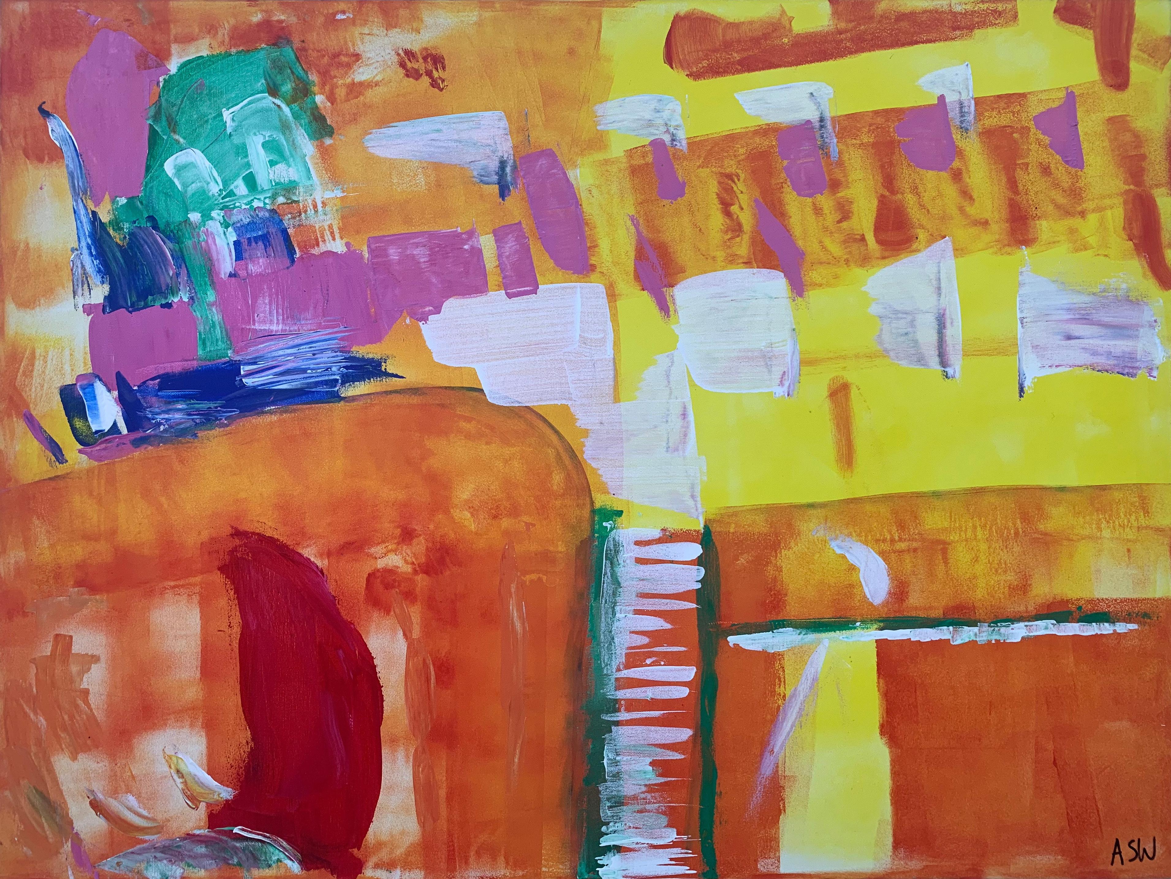 Abstract Painting with Yellow Orange Red & Pink by Contemporary British Artist