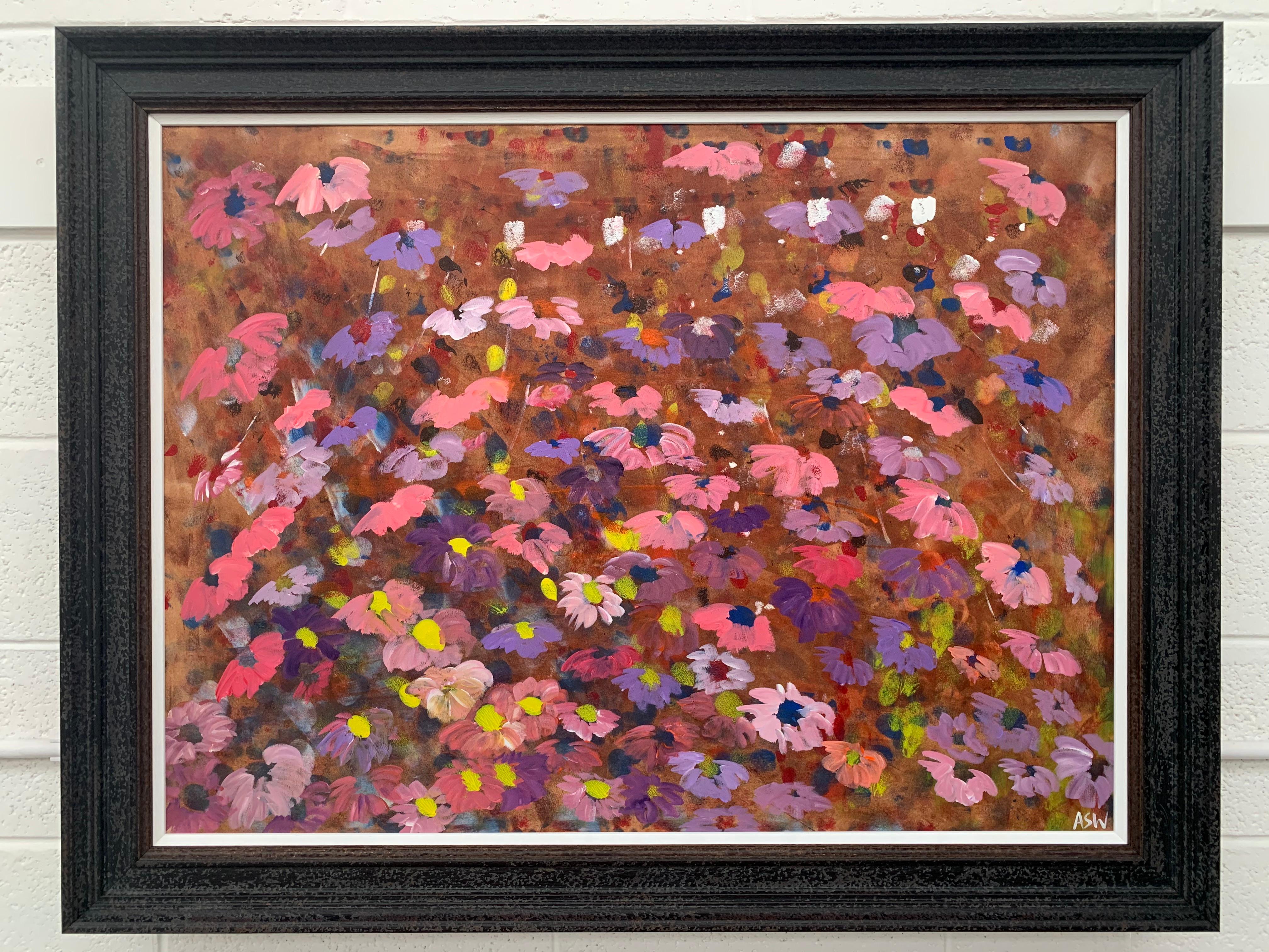 Flores abstractas rosas y moradas, diseño de interior de un artista británico contemporáneo en venta 6