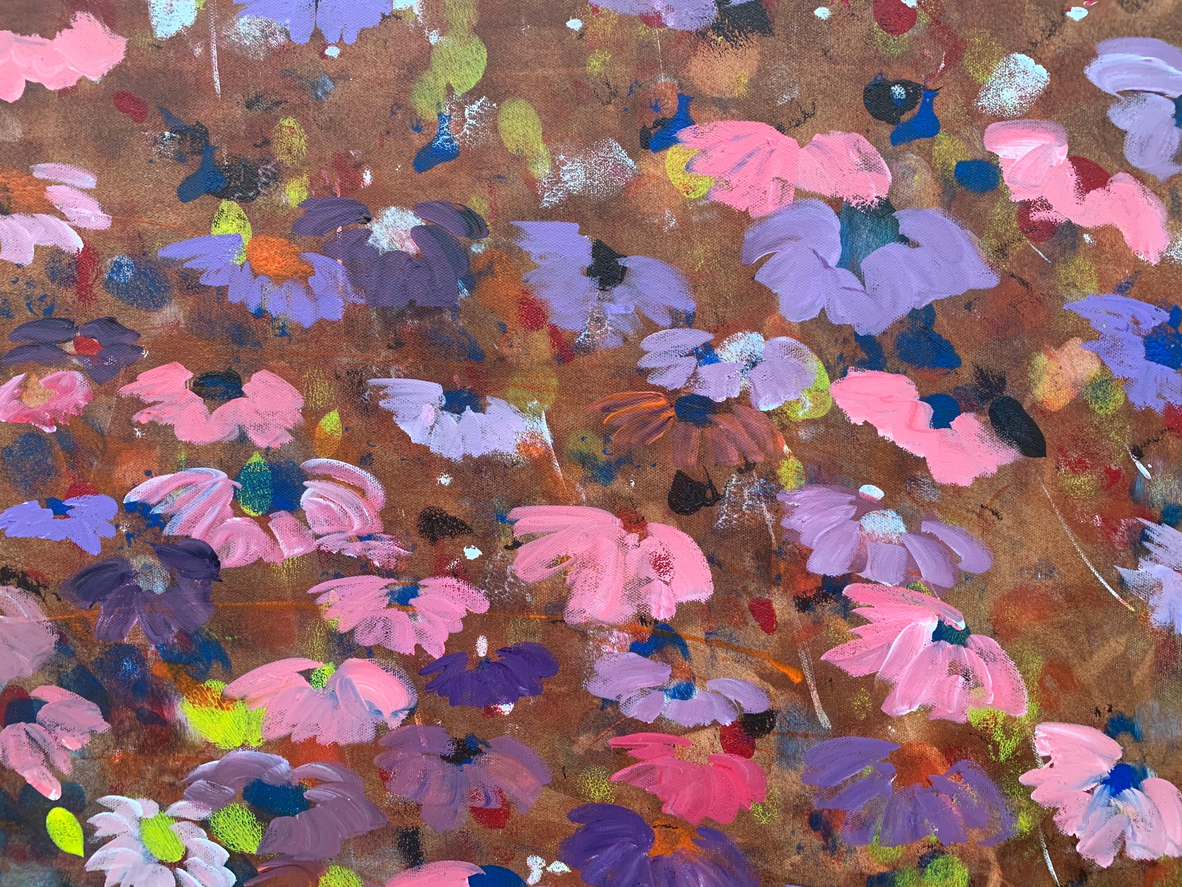 Flores abstractas rosas y moradas, diseño de interior de un artista británico contemporáneo en venta 4