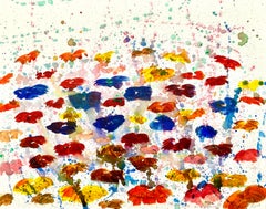Abstract Red Blue Yellow Flower Design on White by British Contemporary Artist