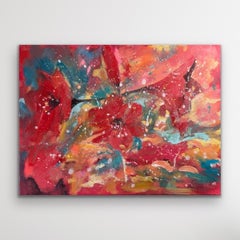 Abstract Red Flowers with splashes of Turquoise, Orange & Yellow on Box Canvas