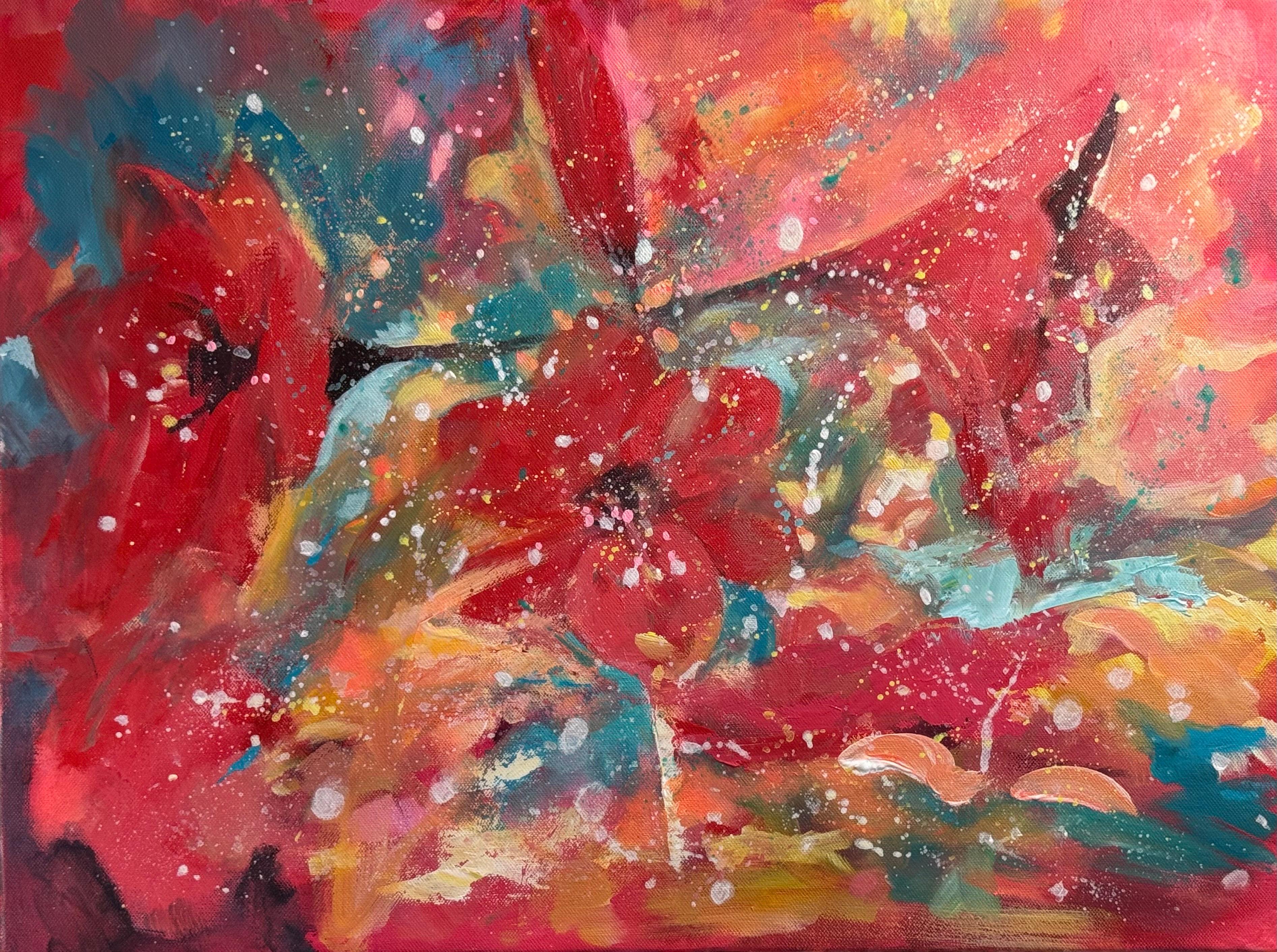 Angela Wakefield Still-Life Painting - Abstract Red Flowers with splashes of Turquoise, Orange & Yellow on Box Canvas