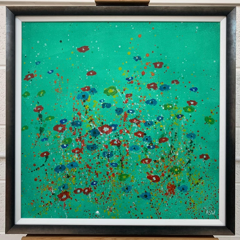 Painting of Abstract Red, Green & Blue Wild Flowers on a Green Background by Contemporary British Artist, Angela Wakefield. From the 'Spring Burst' Interior Design Series. Framed in a Contemporary Pewter Coloured Wooden Moulding. 

Art measures 20 x