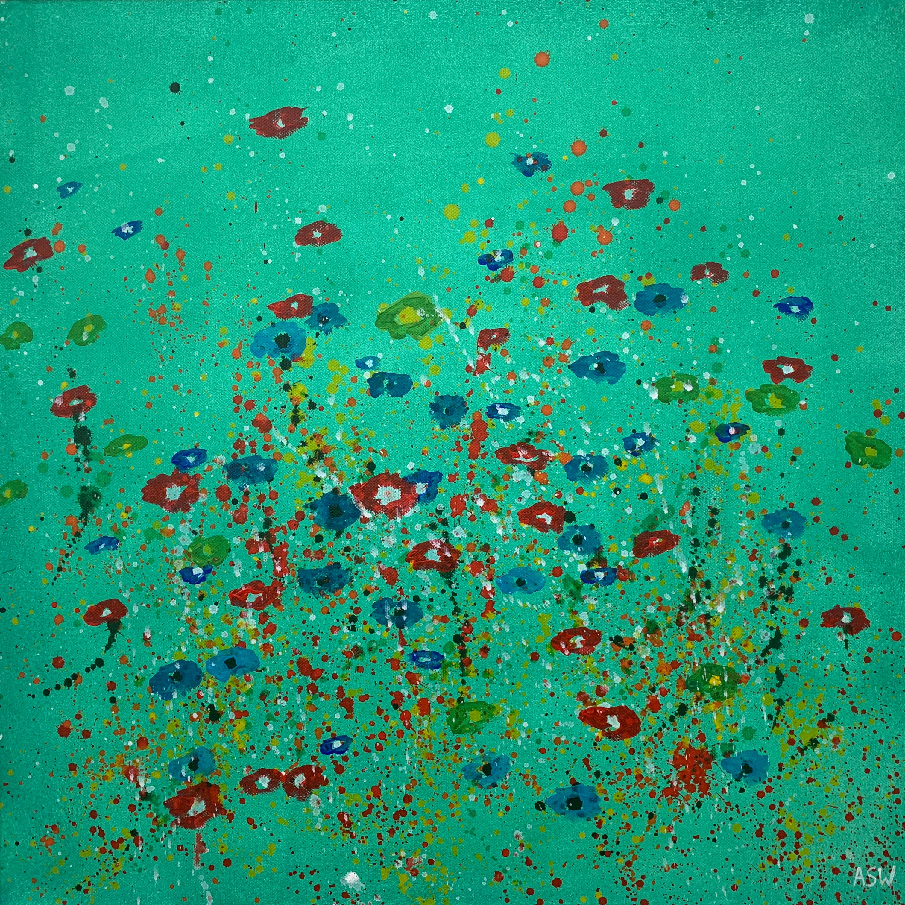 Painting of Abstract Red, Green & Blue Wild Flowers on a Green Background by Contemporary British Artist, Angela Wakefield. From the 'Spring Burst' Interior Design Series. Framed in a Contemporary Pewter Coloured Wooden Moulding. 

Art measures 20 x