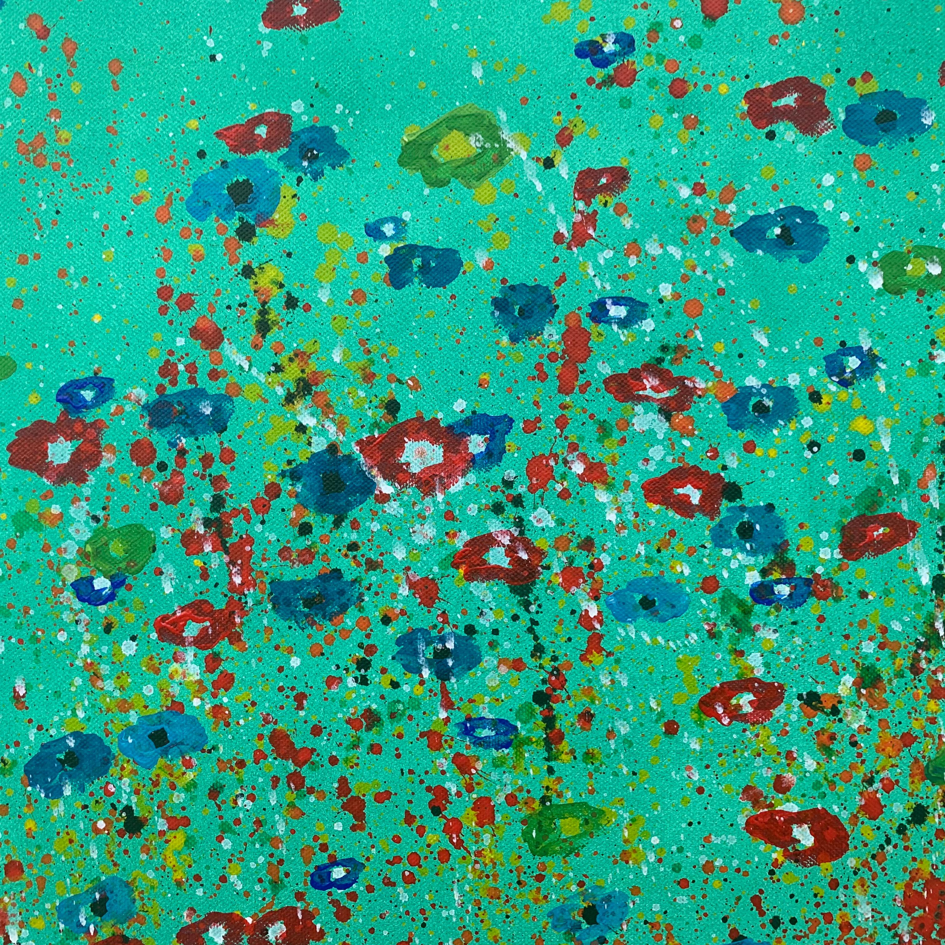 Abstract Red Blue Flowers on Green Background by Contemporary British Artist 1