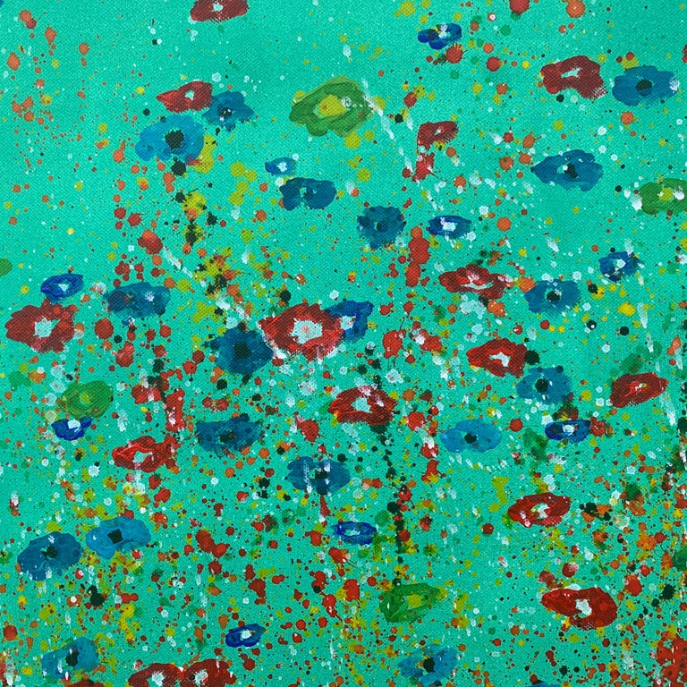 Abstract Red Blue Flowers on Green Background by Contemporary British Artist For Sale 4