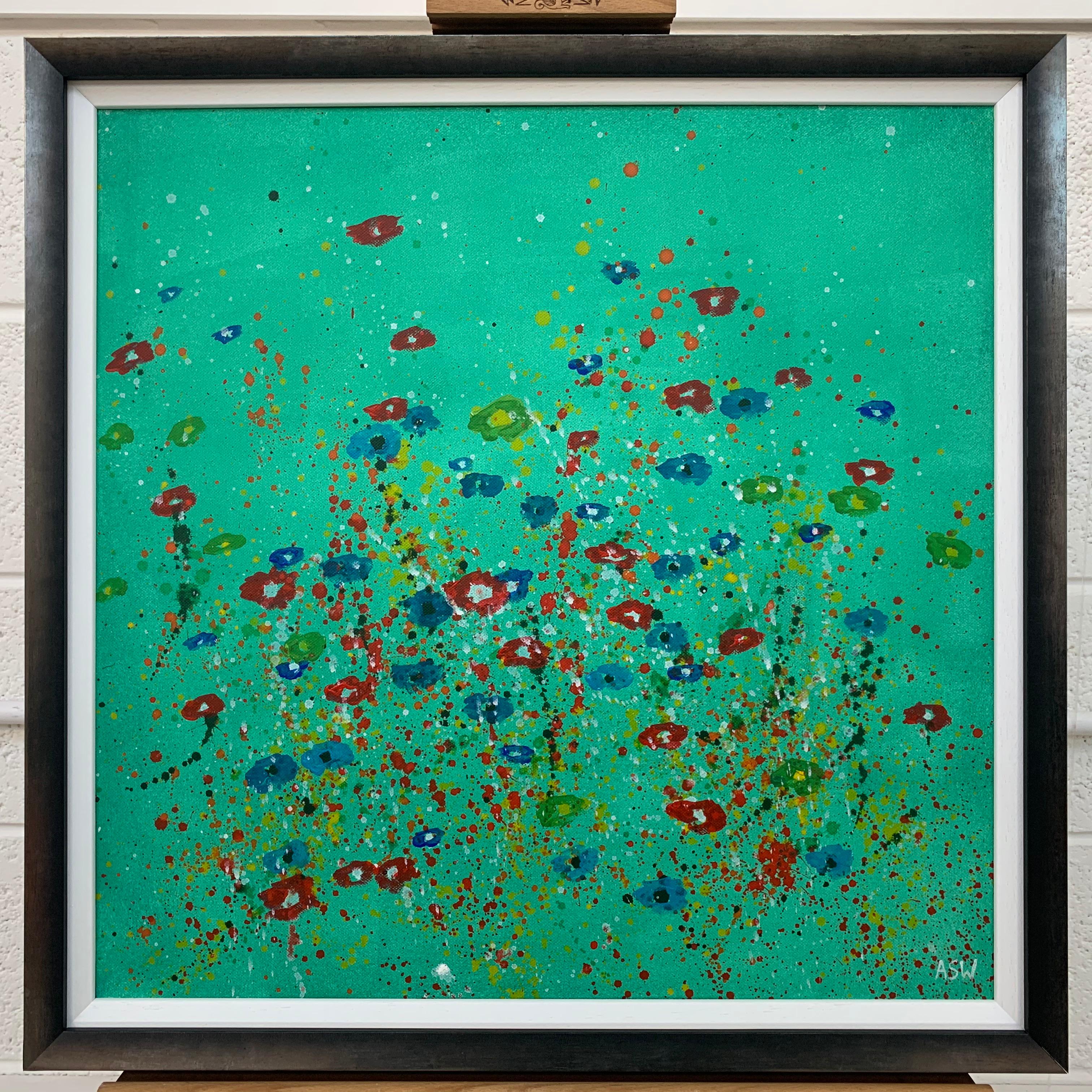 Abstract Red Blue Flowers on Green Background by Contemporary British Artist 3