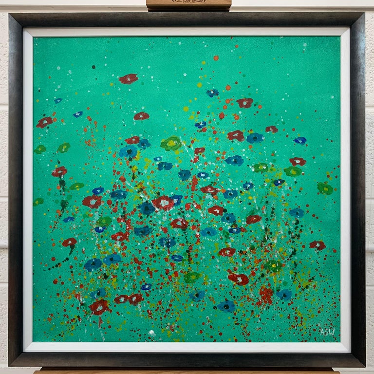Abstract Red Blue Flowers on Green Background by Contemporary British Artist For Sale 6