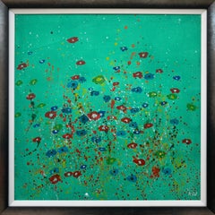 Abstract Red Blue Flowers on Green Background by Contemporary British Artist
