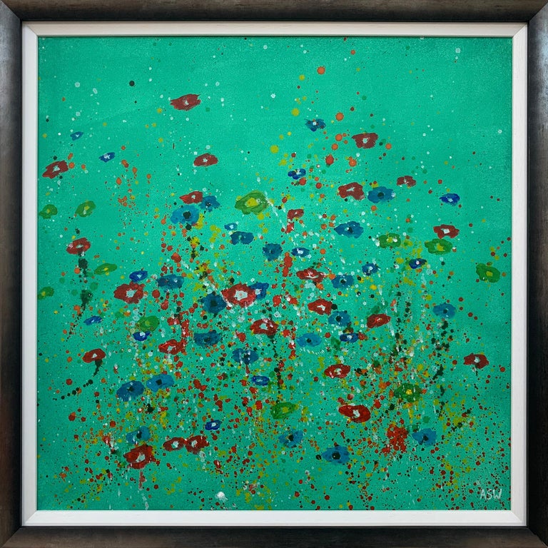 Angela Wakefield Abstract Painting - Abstract Red Blue Flowers on Green Background by Contemporary British Artist