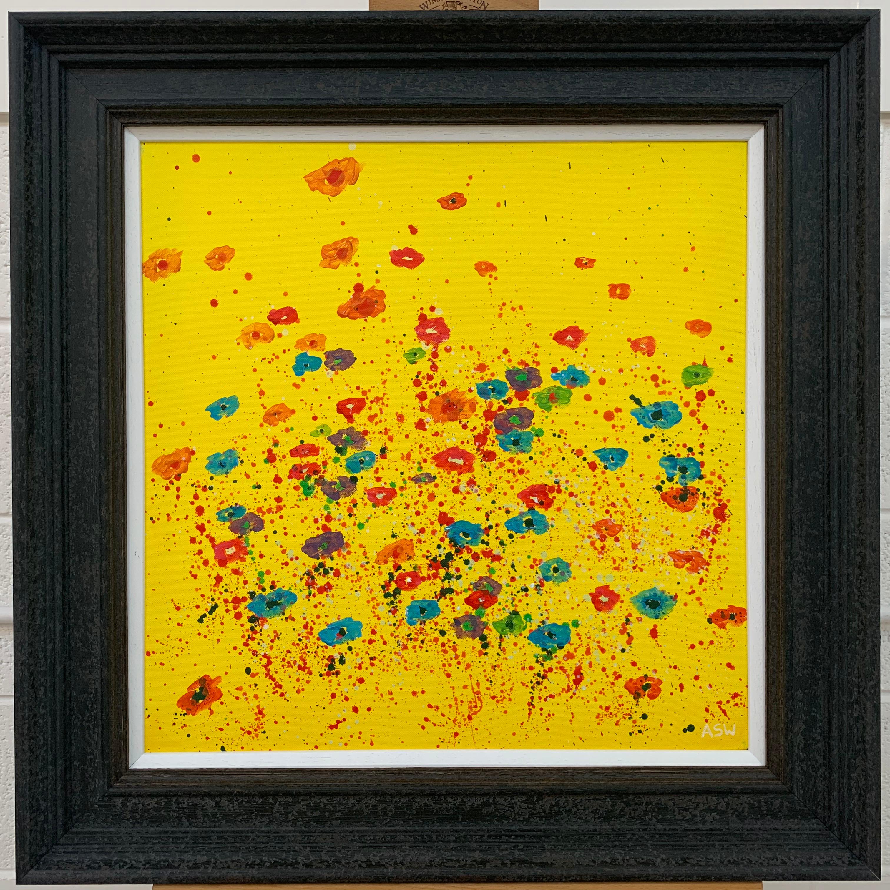 Abstract Red Pink Blue Flowers on Yellow Background by British Landscape Artist For Sale 5