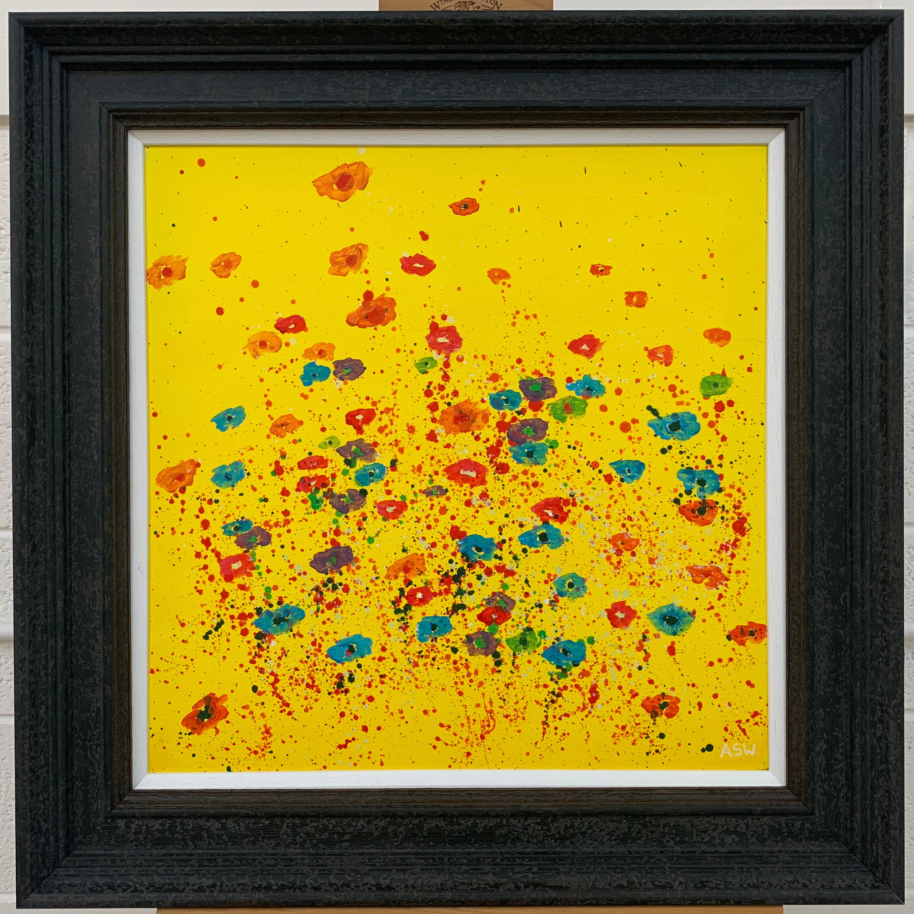 Flores abstractas rojo rosa azul sobre fondo amarillo por paisajista británico en venta 5