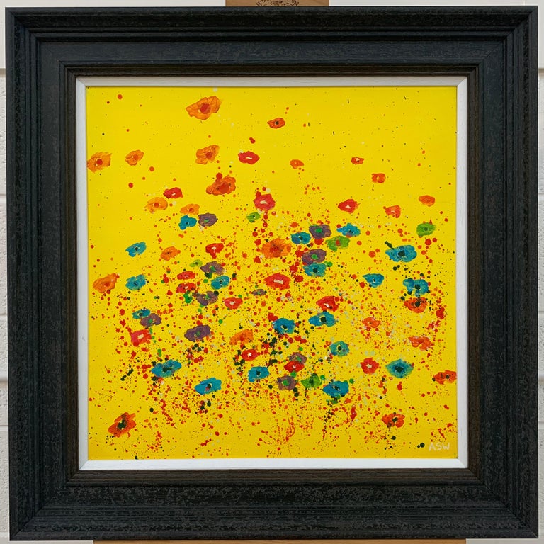 Abstract Red Pink Blue Flowers on Yellow Background by British Landscape Artist For Sale 8