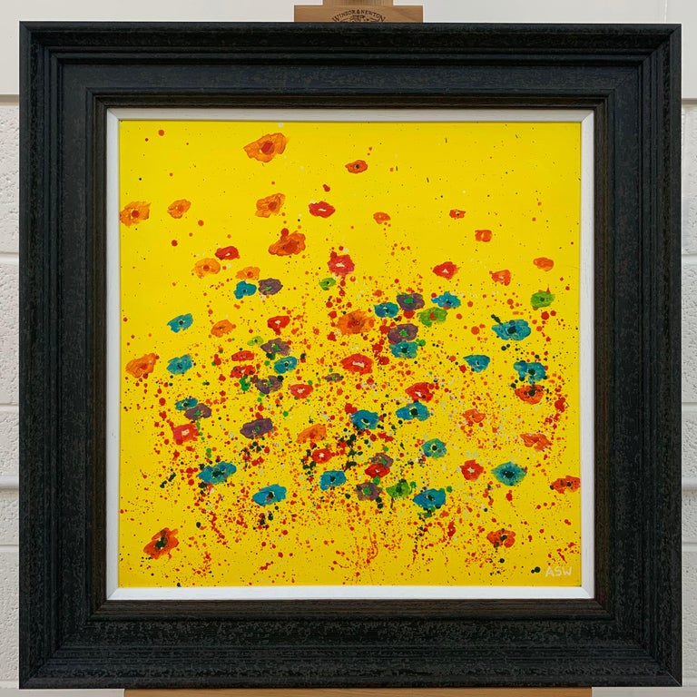 Abstract Red Pink Blue Flowers on Yellow Background by British Landscape Artist For Sale 1