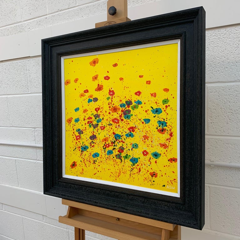 Abstract Red Pink Blue Flowers on Yellow Background by British Landscape Artist For Sale 2