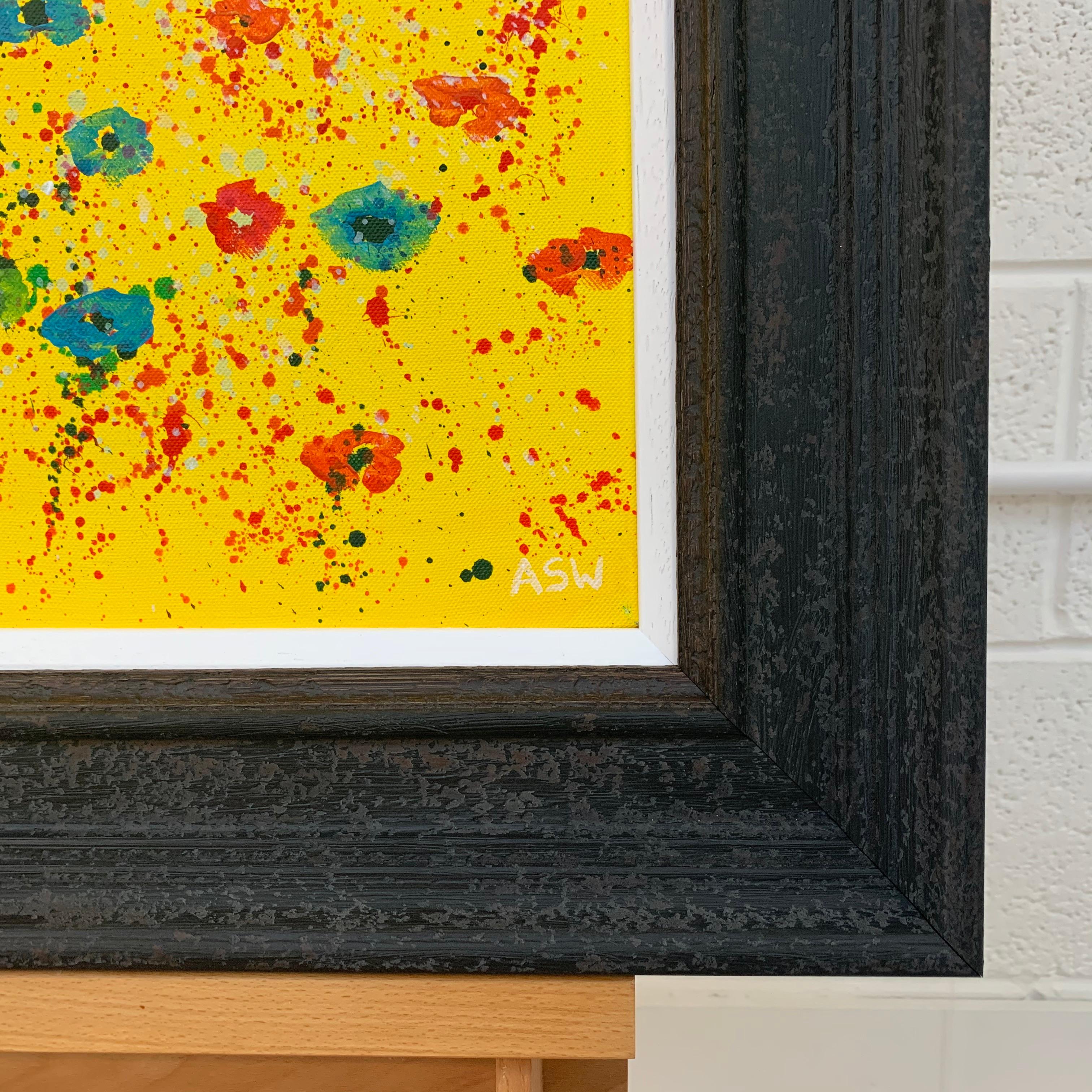 Painting of Abstract Red, Pink, Orange & Blue Wild Flowers on a Yellow Background by British Landscape Artist, Angela Wakefield. From the 'Spring Burst' Interior Design Series. Framed in a high quality contemporary off-black wooden moulding. 

Art