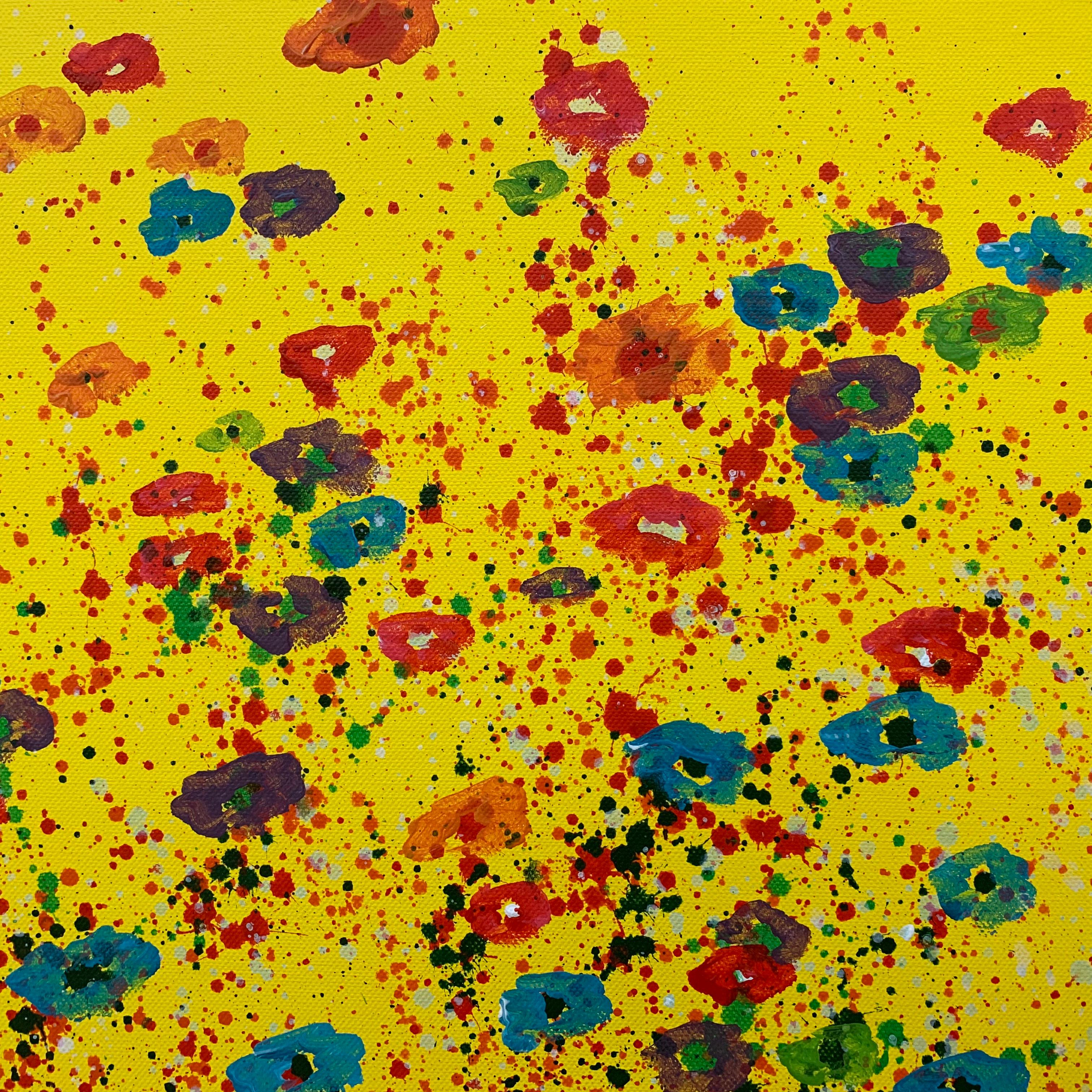 Flores abstractas rojo rosa azul sobre fondo amarillo por paisajista británico en venta 1