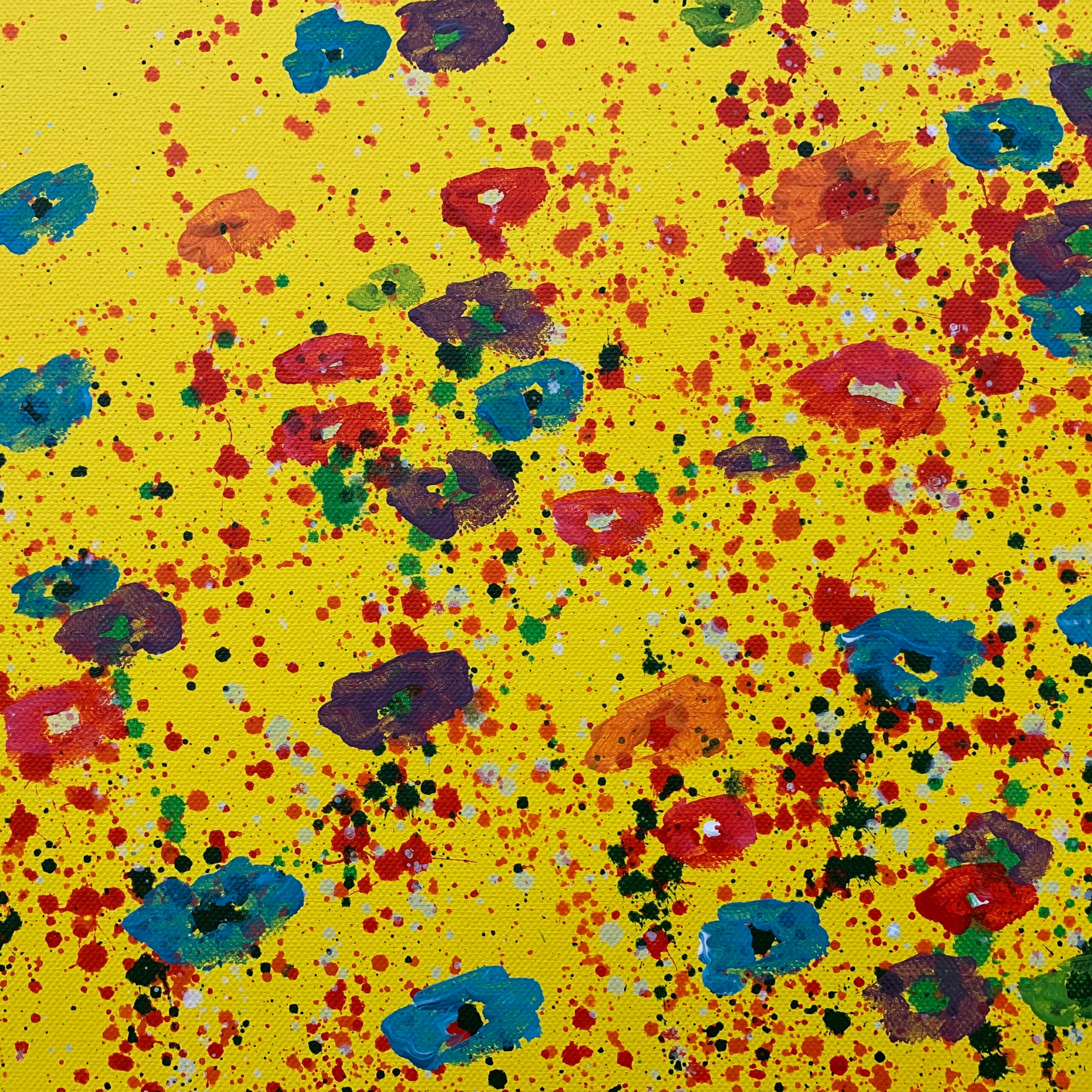 Flores abstractas rojo rosa azul sobre fondo amarillo por paisajista británico en venta 2