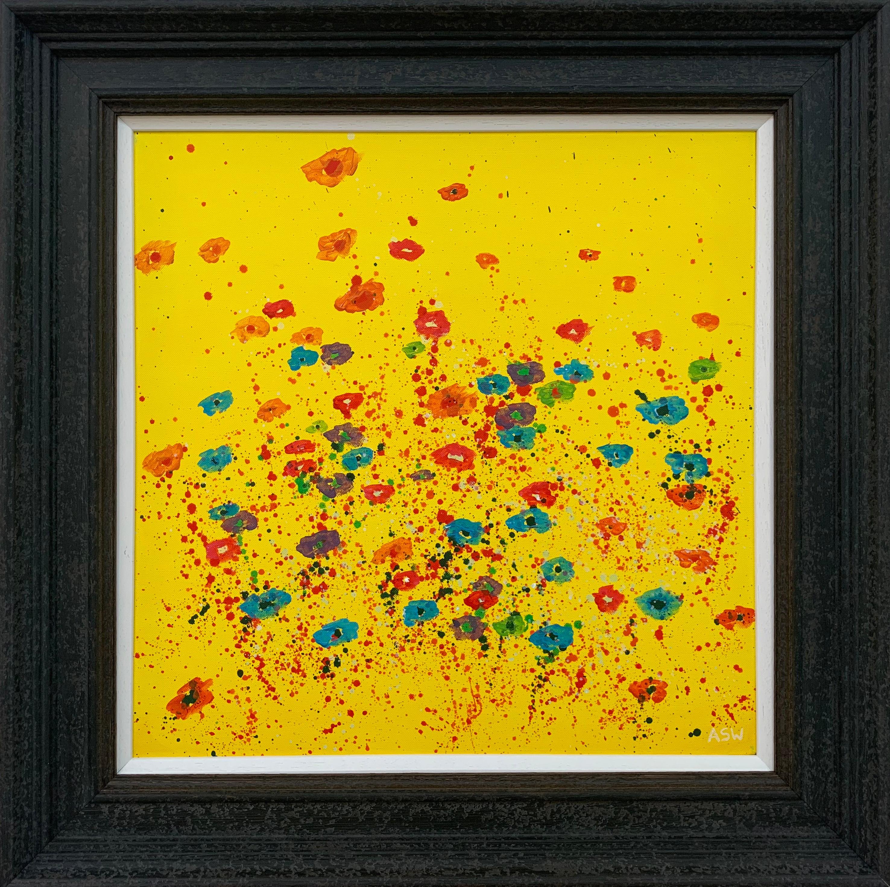 Abstract Red Pink Blue Flowers on Yellow Background by British Landscape Artist