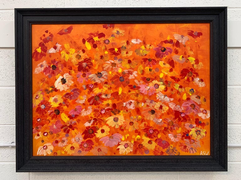 Abstract Red Pink Wild Flowers on Orange Design by British Contemporary Artist For Sale 6