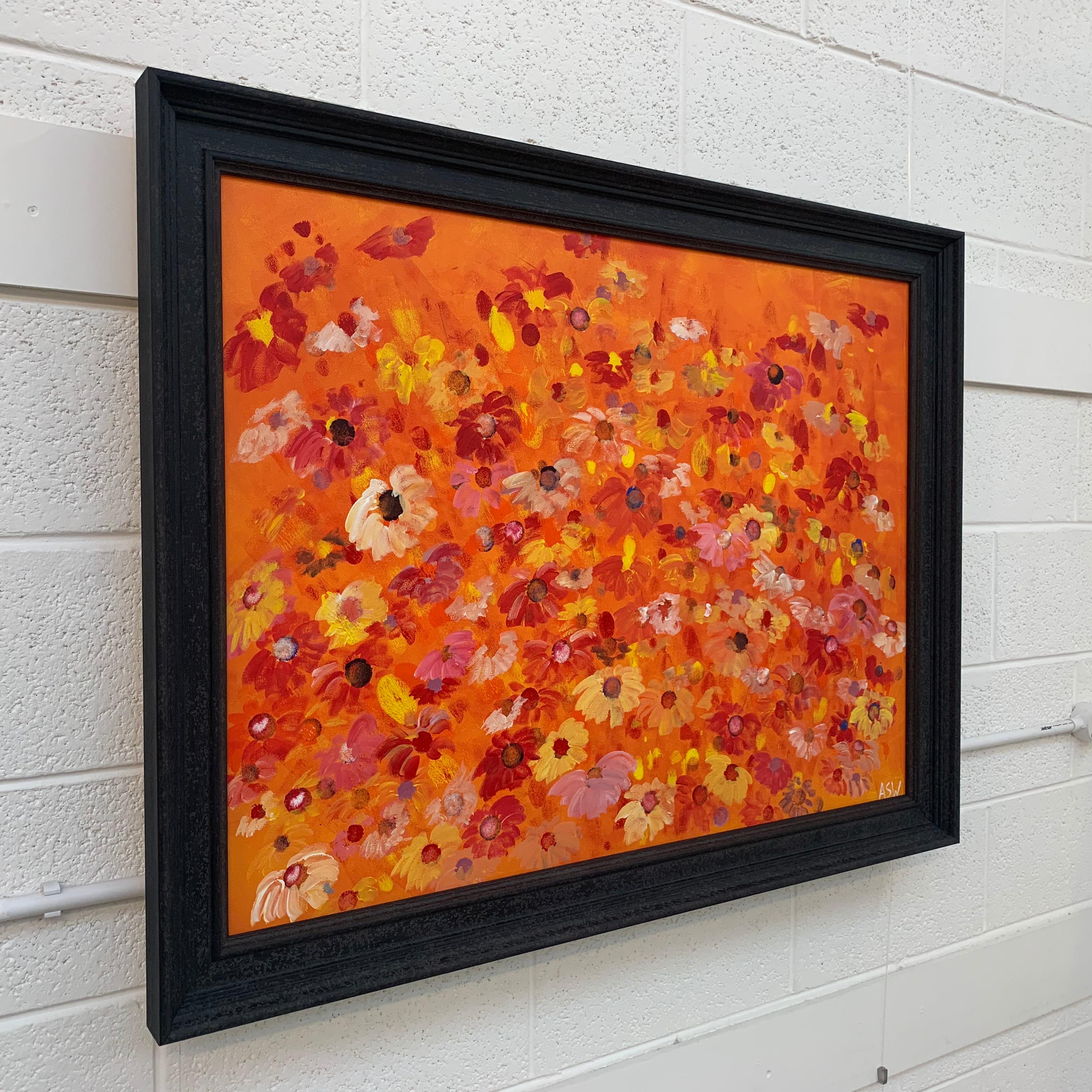 Abstract Red Pink Wild Flowers on Orange Design by British Contemporary Artist - Painting by Angela Wakefield