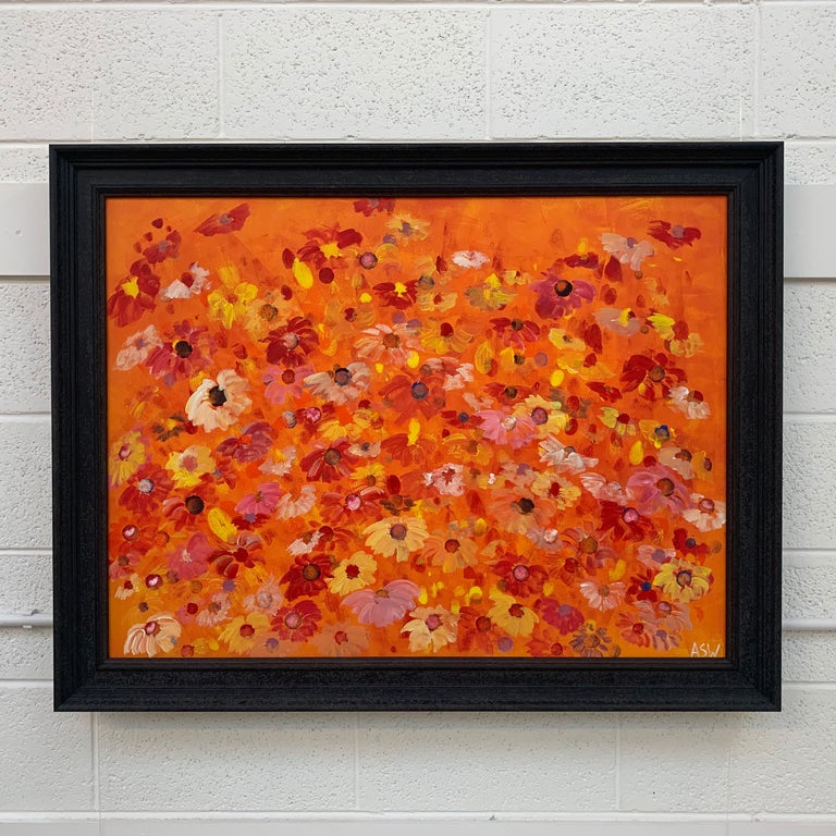 Abstract Red Pink Wild Flowers on Orange Design by British Contemporary Artist - Abstract Impressionist Painting by Angela Wakefield