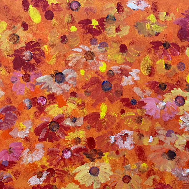 Abstract Red Pink Wild Flowers on Orange Design by British Contemporary Artist For Sale 2