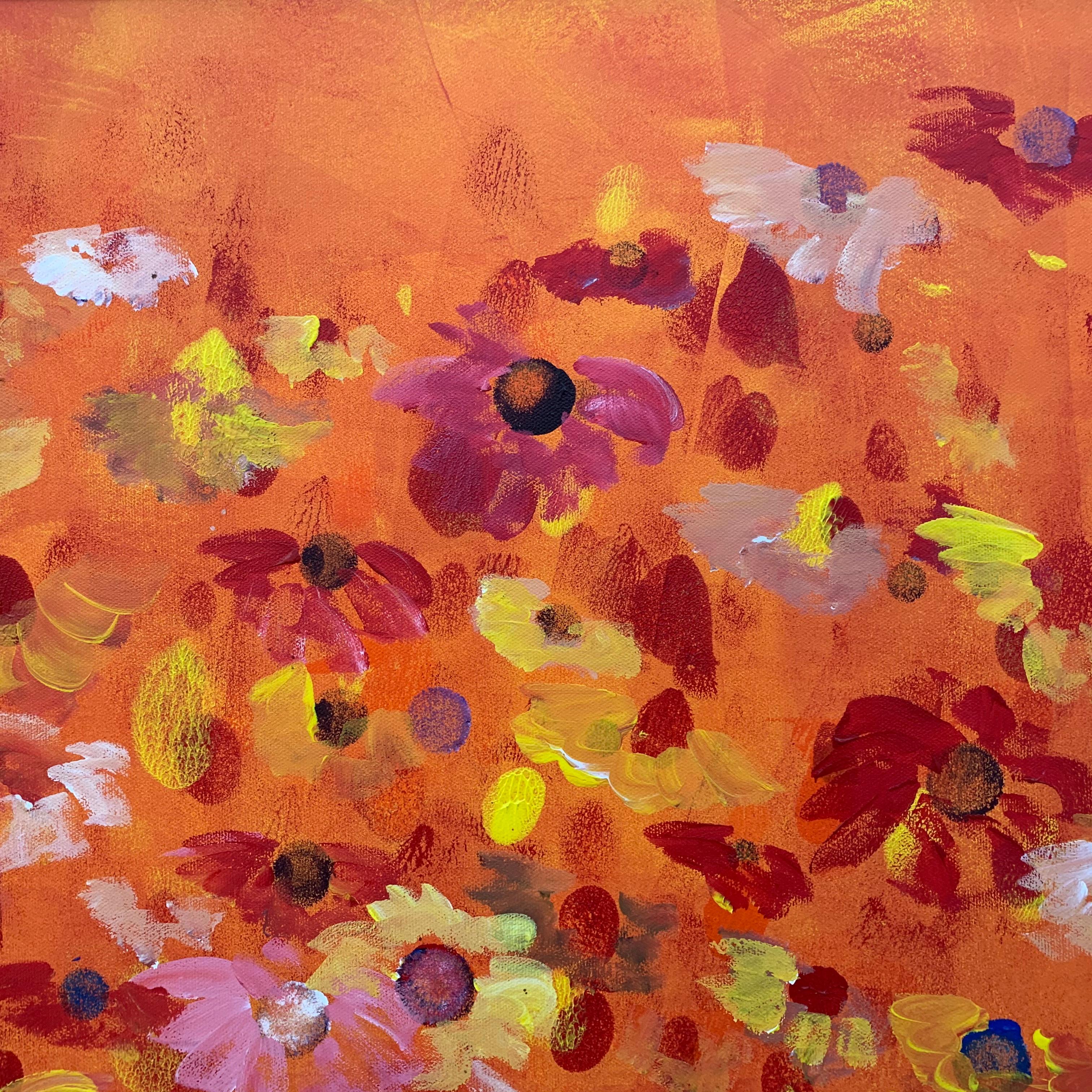 Painting of Abstract Red, Pink, Yellow & White Wild Flowers on an Orange Background by British Contemporary Artist, Angela Wakefield. From the 'Spring Burst' Interior Design Series. Framed in a high quality contemporary off-black wooden moulding.