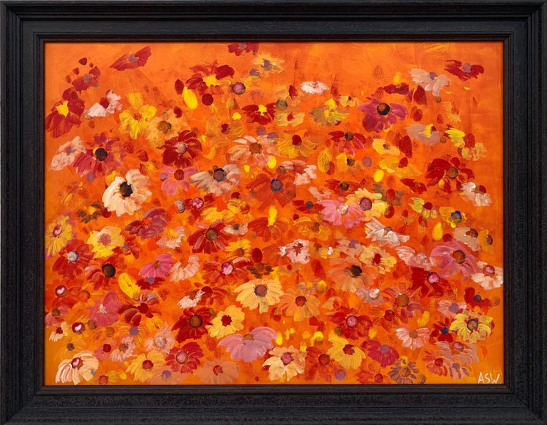 Angela Wakefield Abstract Painting - Abstract Red Pink Wild Flowers on Orange Design by British Contemporary Artist