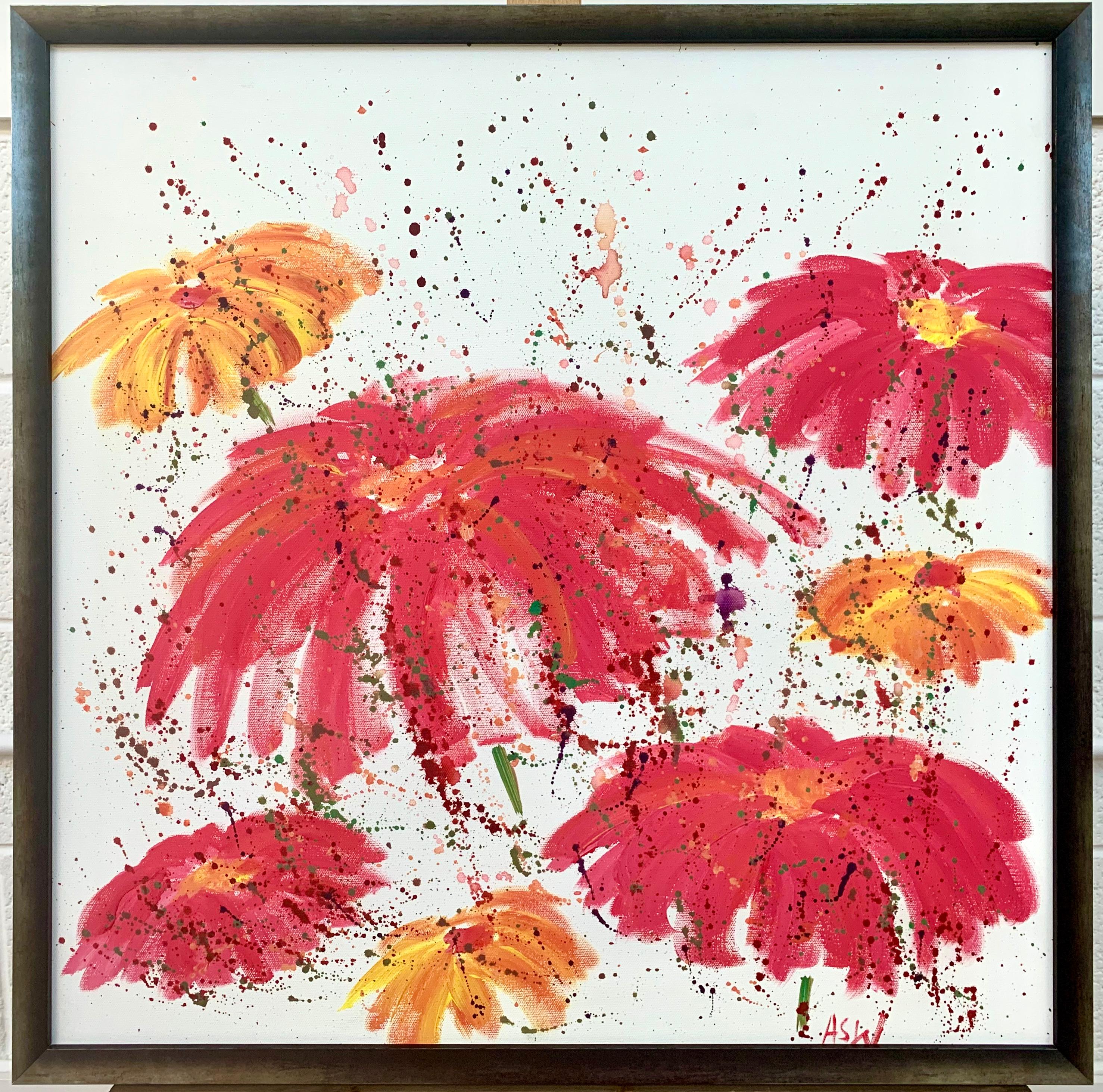 Abstract Red & Pink Flowers on a White Background by Contemporary British Artist For Sale 6