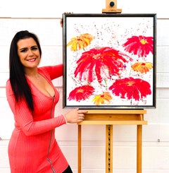 Fiori astratti rossi e rosa su sfondo bianco di un artista britannico contemporaneo