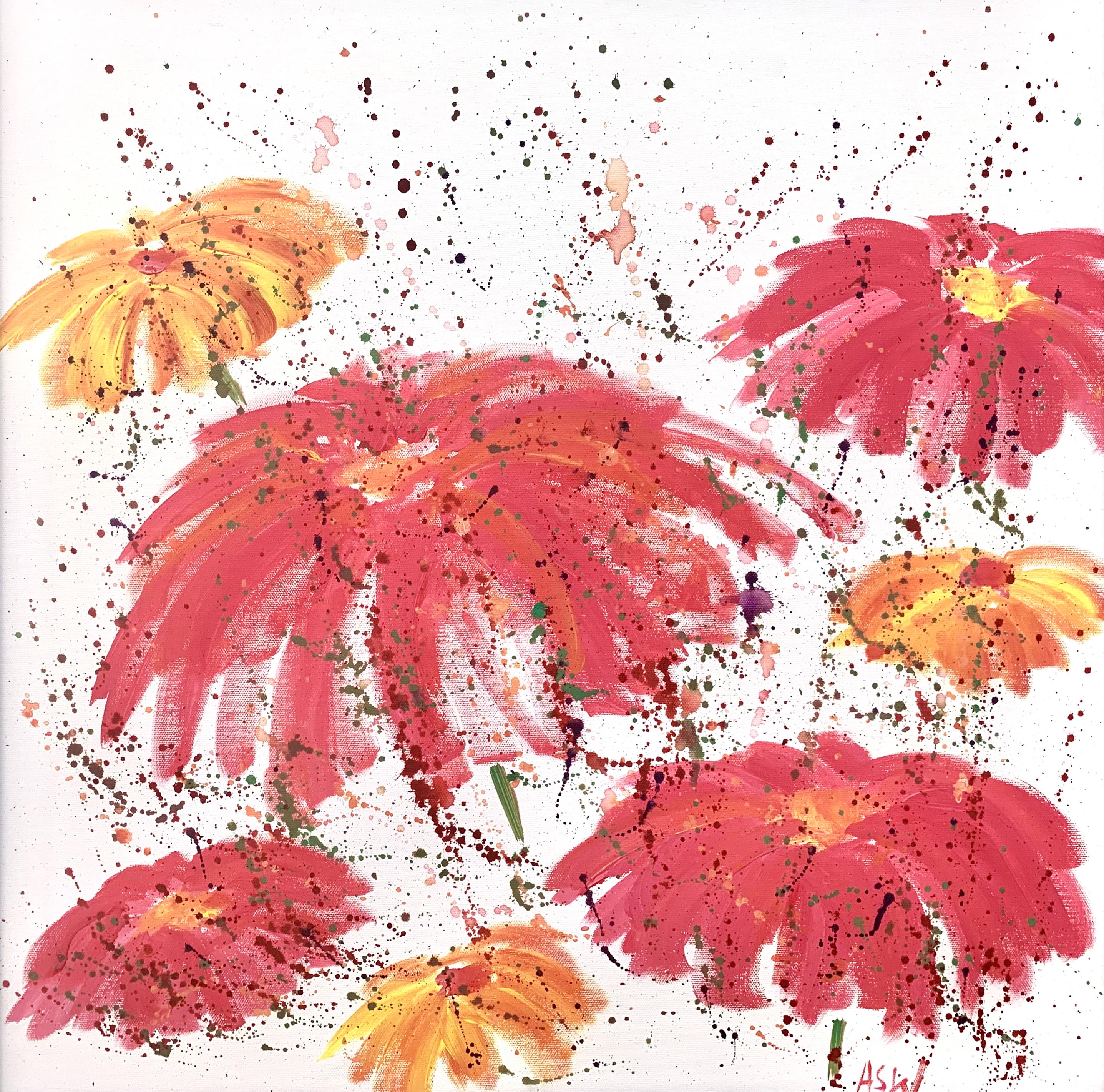 Abstrakte rote und rosa Blumen auf weißem Hintergrund des zeitgenössischen britischen Künstlers im Angebot 2