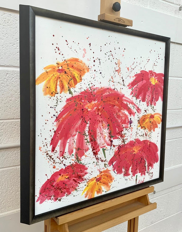 Painting of Abstract Red, Pink & Orange Wild Flowers on a White Background by Contemporary British Artist, Angela Wakefield. From the 'Spring Burst' Interior Design Series. Framed in a Contemporary Pewter Coloured Wooden Moulding. 

Art measures 24