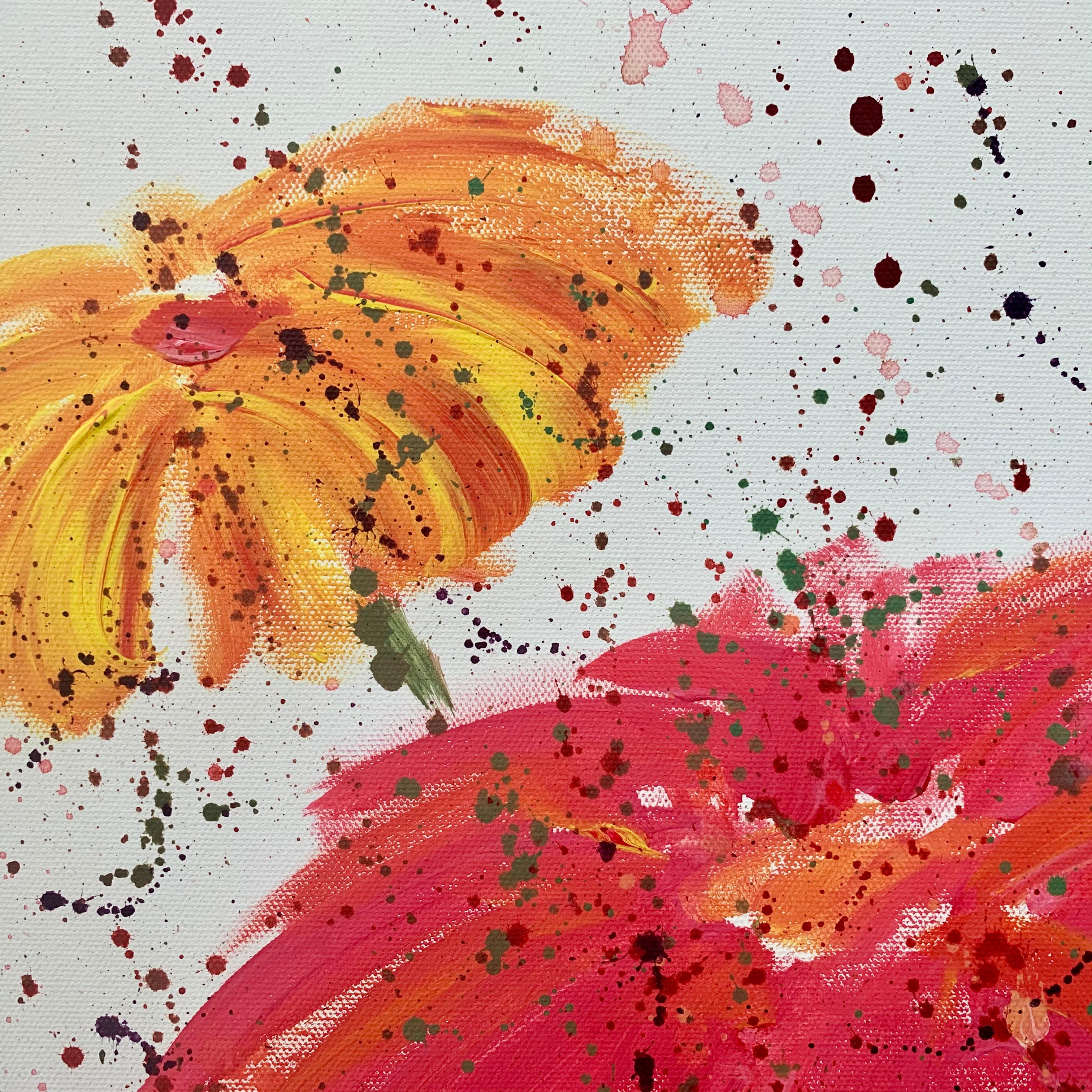 Painting of Abstract Red, Pink & Orange Wild Flowers on a White Background by Contemporary British Artist, Angela Wakefield. From the 'Spring Burst' Interior Design Series. Framed in a Contemporary Pewter Coloured Wooden Moulding. 

Art measures 24