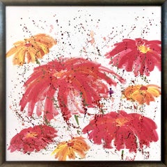 Abstract Red & Pink Flowers on a White Background by Contemporary British Artist